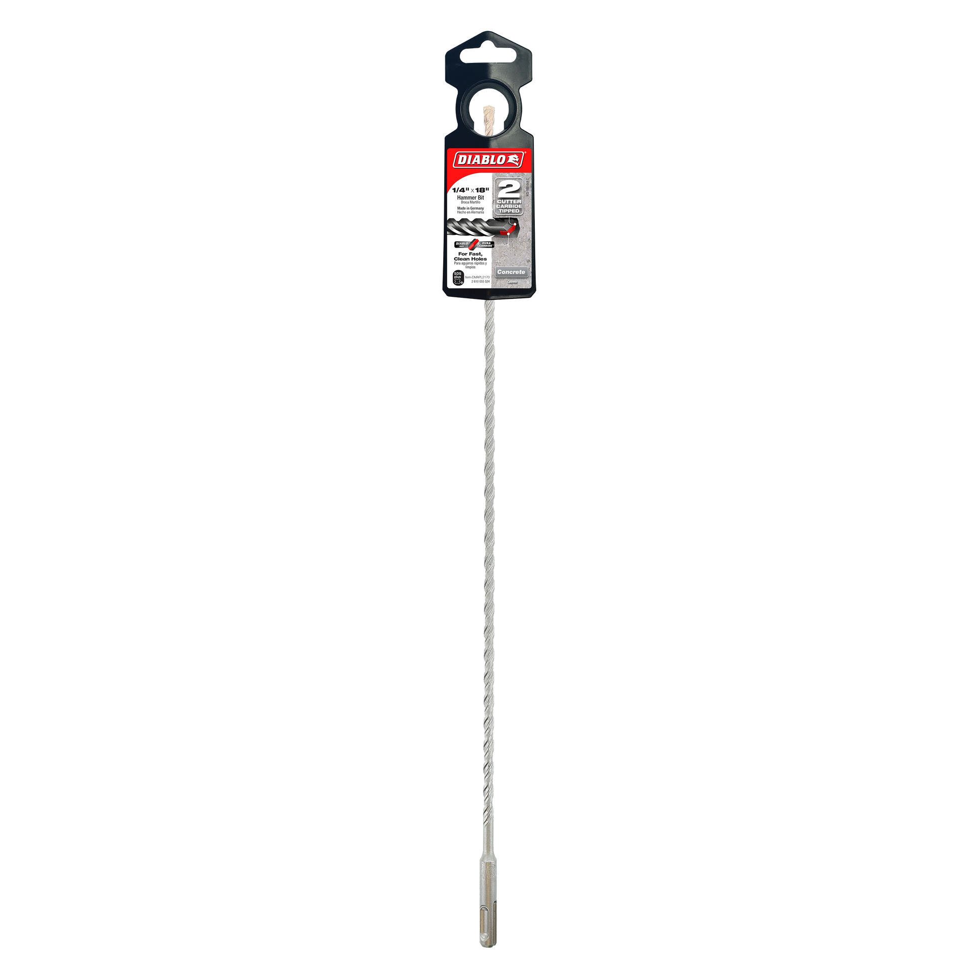 Diablo SDS-Plus hammer drill bit with gray spiral flutes, black grip handle, and red product label on packaging card.