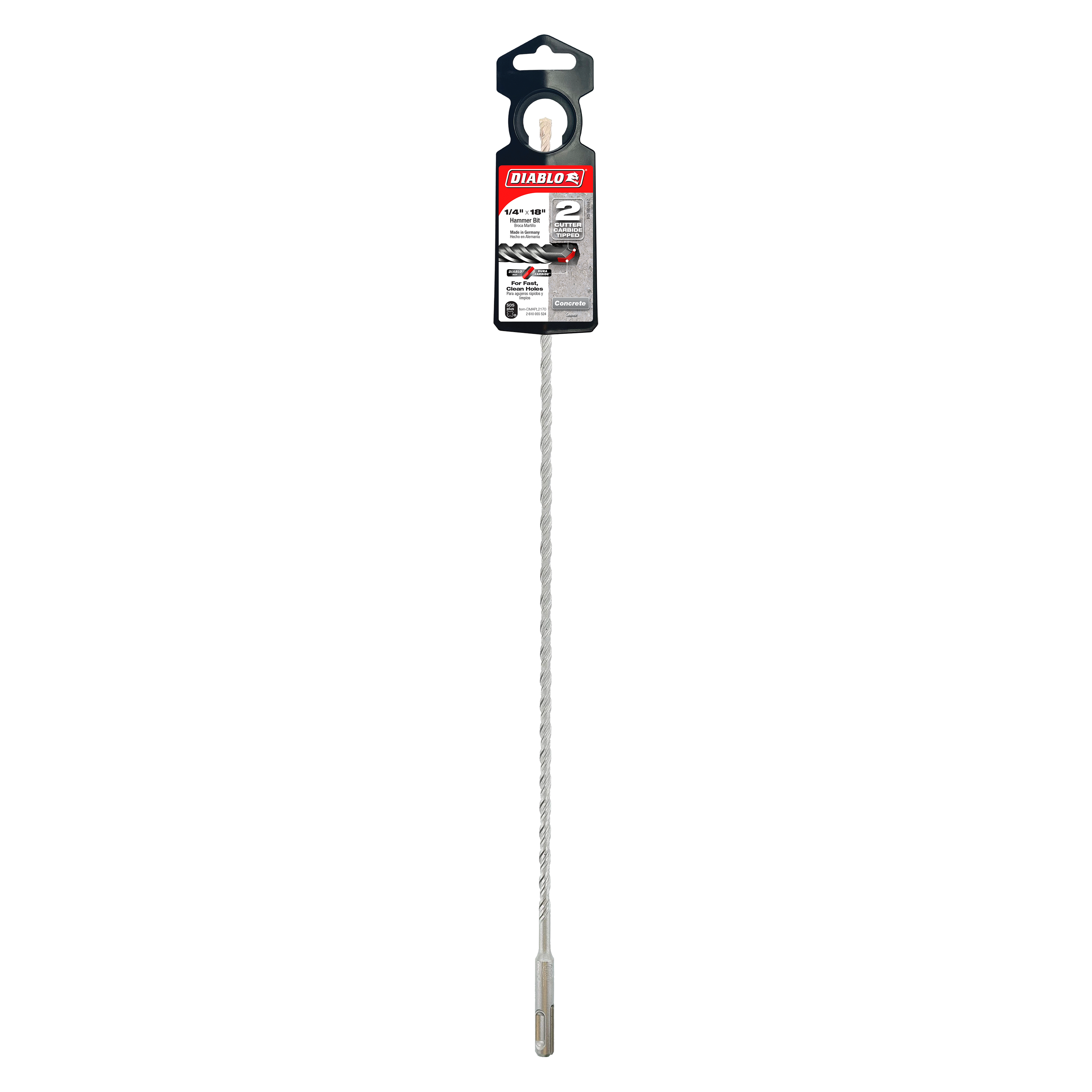 Diablo SDS-Plus hammer drill bit with gray spiral flutes, black grip handle, and red product label on packaging card.