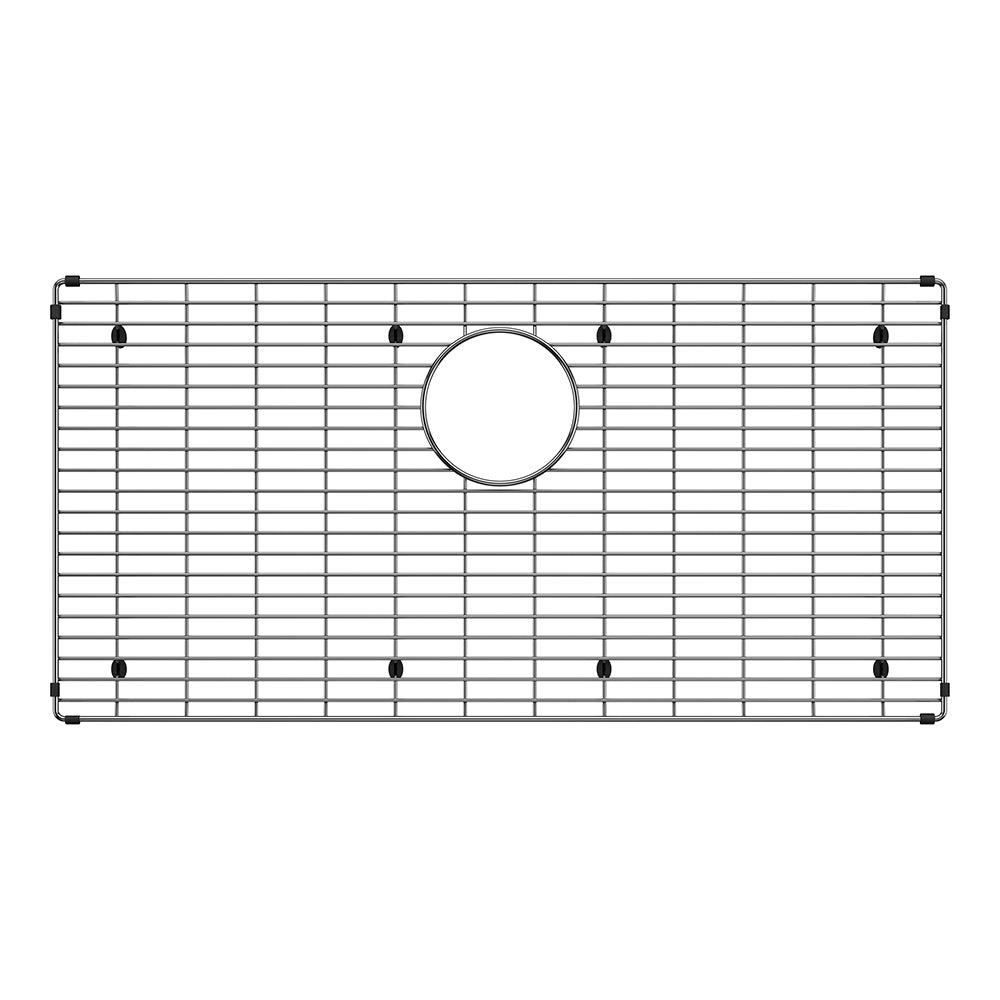 Stainless steel sink grid with linear slat pattern and center circular drain opening, featuring corner feet.