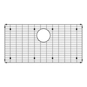 Stainless steel sink grid with linear slat pattern and center circular drain opening, featuring corner feet.