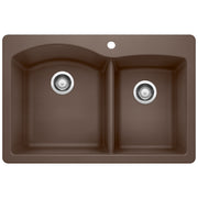 Cafe brown drop-in kitchen sink with two unequal bowls and chrome drain strainers.