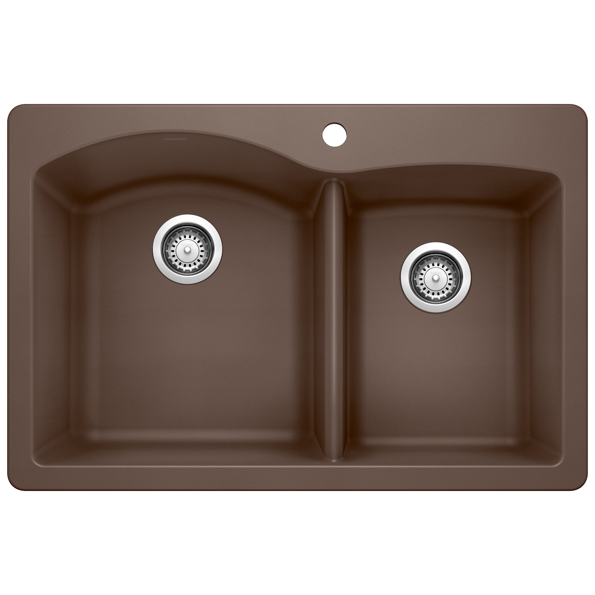 Cafe brown drop-in kitchen sink with two unequal bowls and chrome drain strainers.