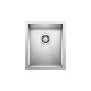 Stainless steel single bowl sink with drain strainer, viewed from above, featuring vertical orientation and brushed metal fin