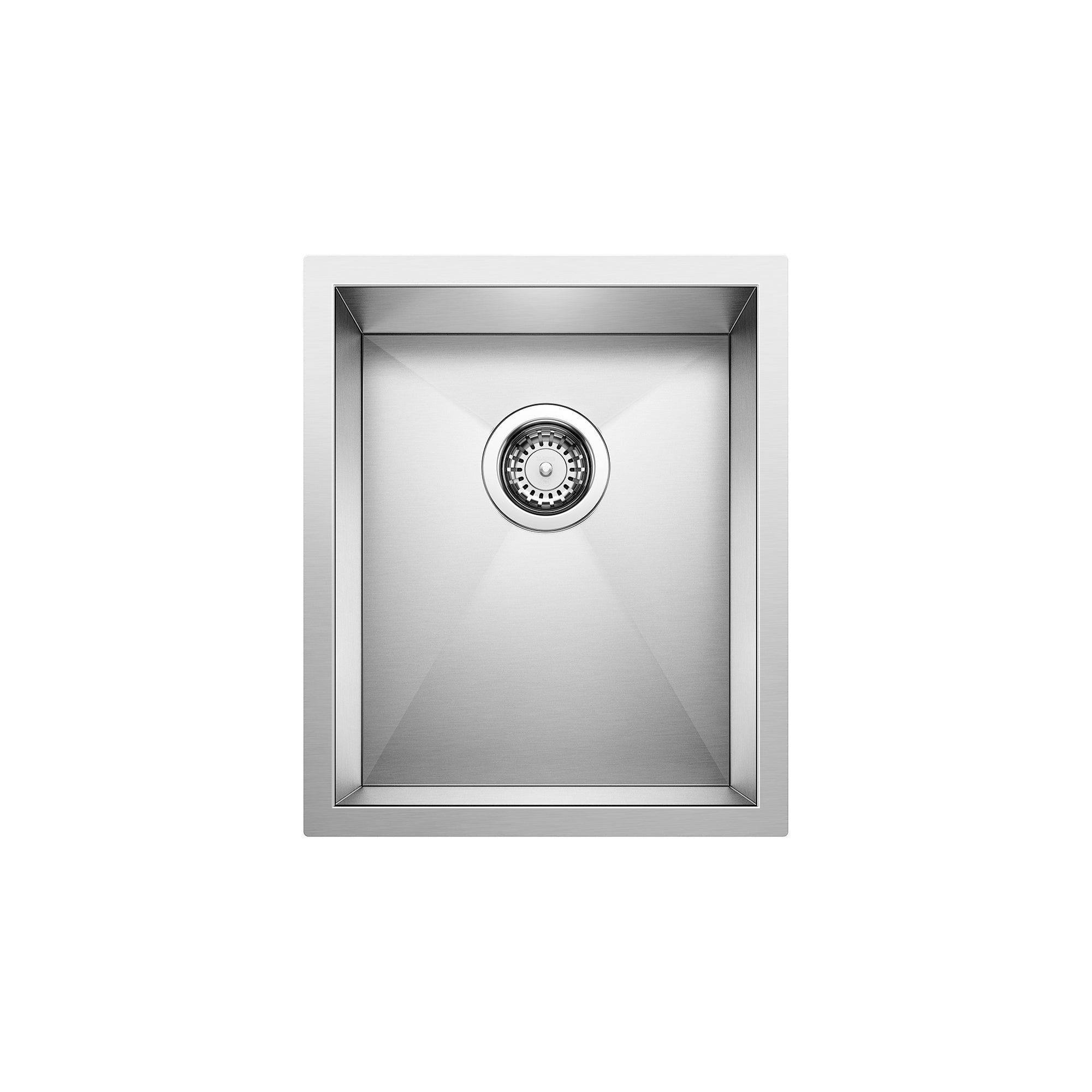 Stainless steel single bowl sink with drain strainer, viewed from above, featuring vertical orientation and brushed metal fin