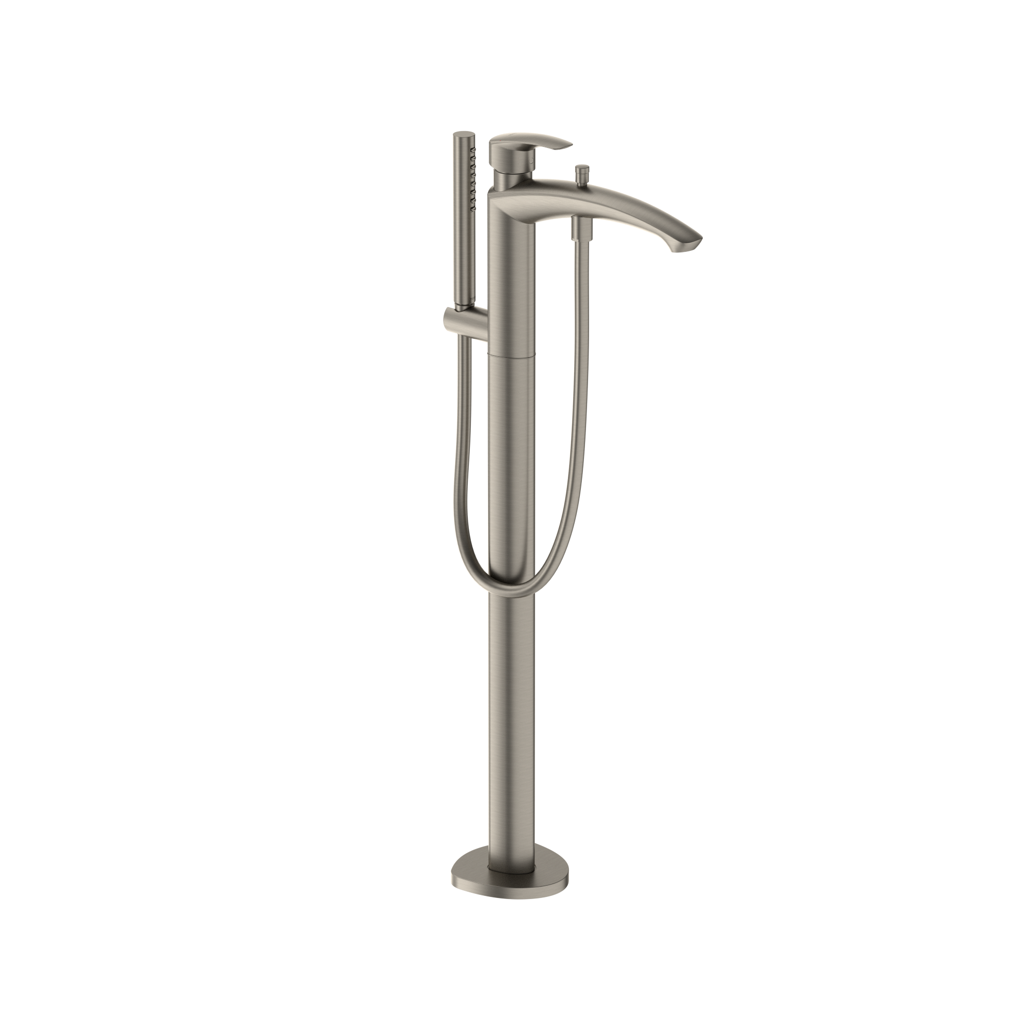 Brushed nickel freestanding tub filler with single handle, curved spout, and attached handheld shower wand.