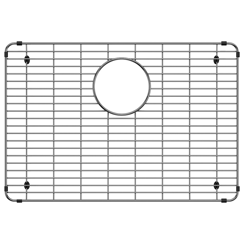 Stainless steel sink grid with horizontal and vertical wires, circular drain opening, and black corner feet.