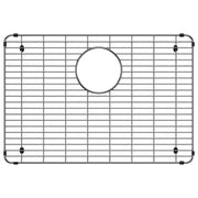 Stainless steel sink grid with horizontal and vertical wires, circular drain opening, and black corner feet.