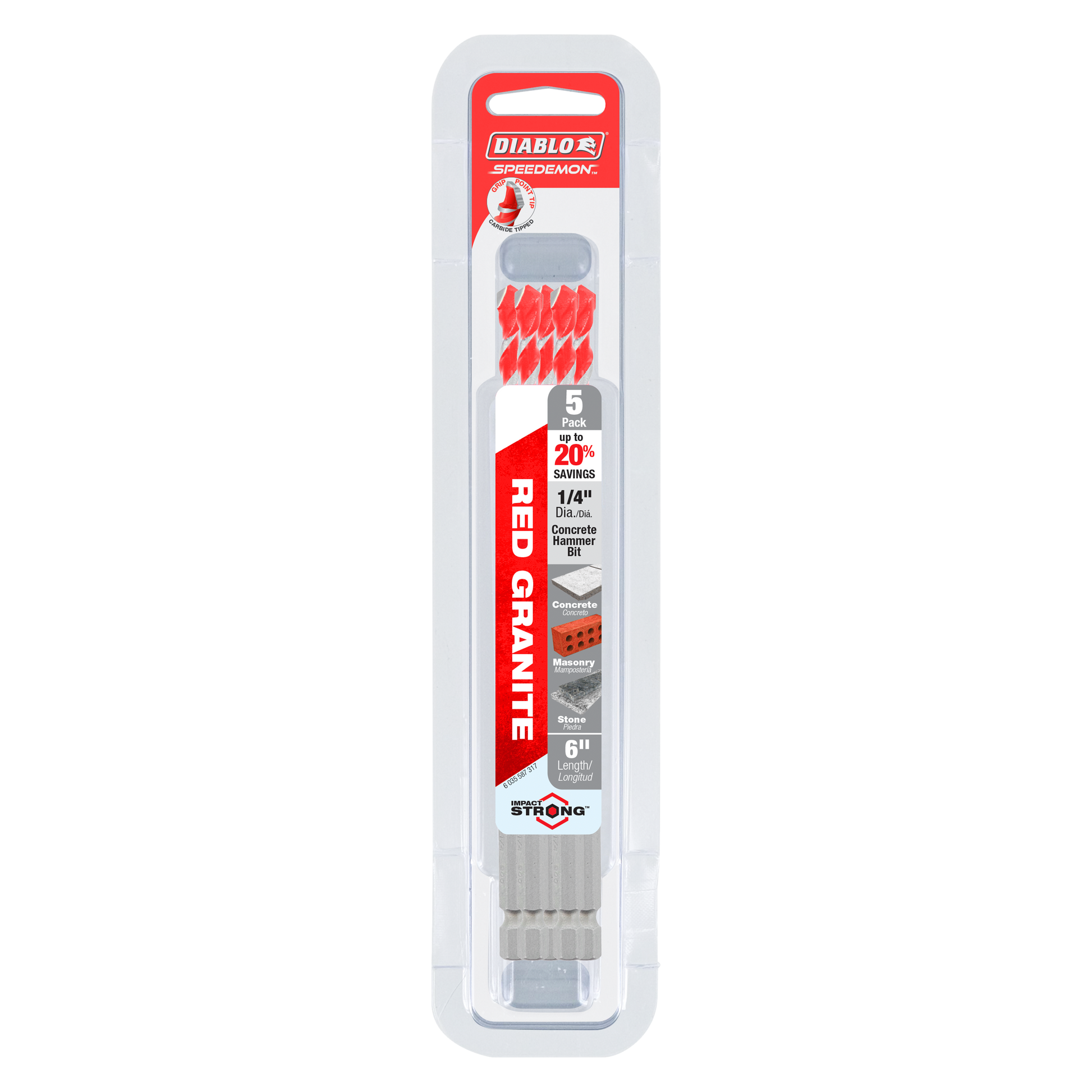 Five red and gray carbide-tipped hammer drill bits in clear plastic packaging labeled Diablo SPEEDemon Red Granite.
