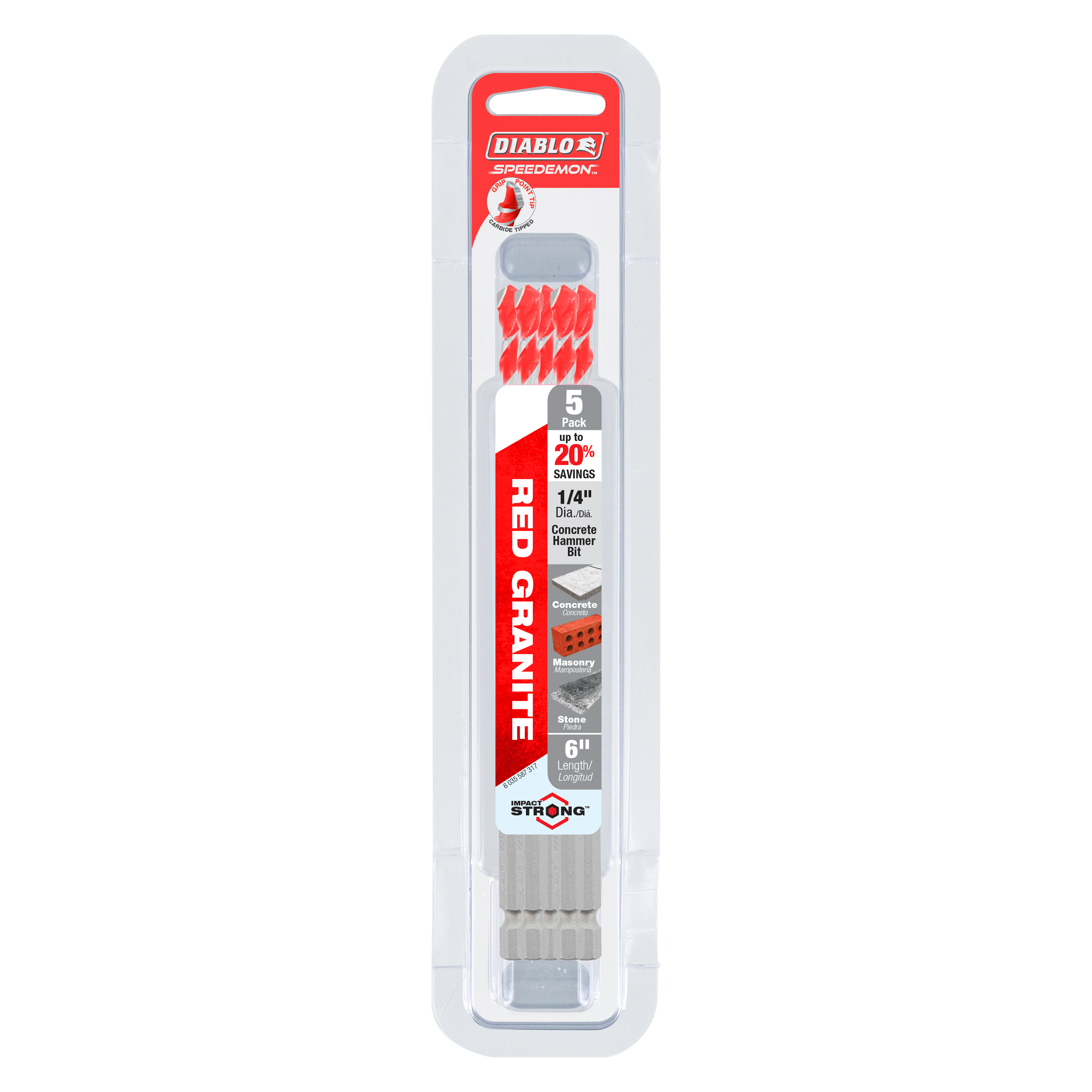 Five red and gray carbide-tipped hammer drill bits in clear plastic packaging labeled Diablo SPEEDemon Red Granite.