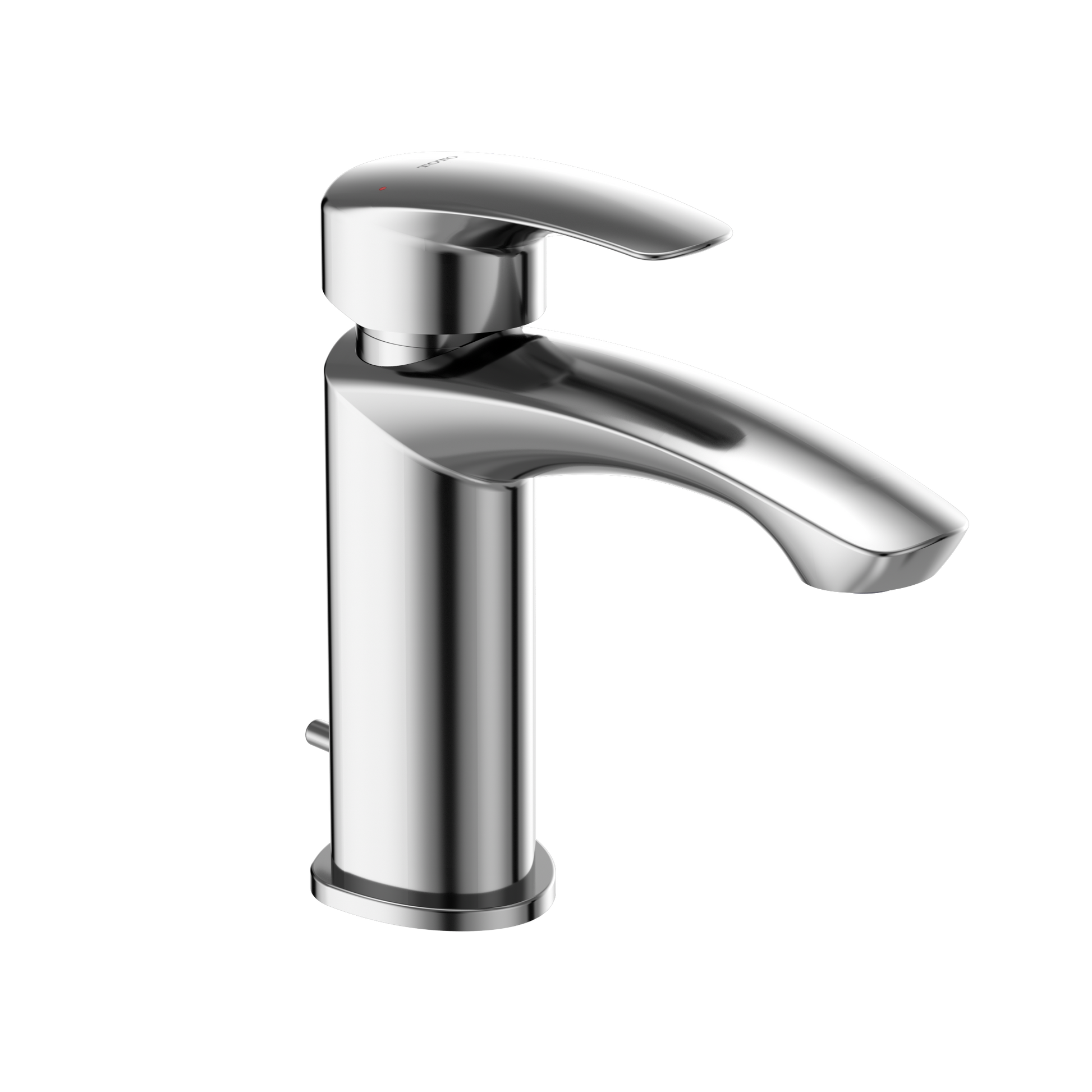Polished chrome single-handle bathroom sink faucet with curved spout and lever handle.