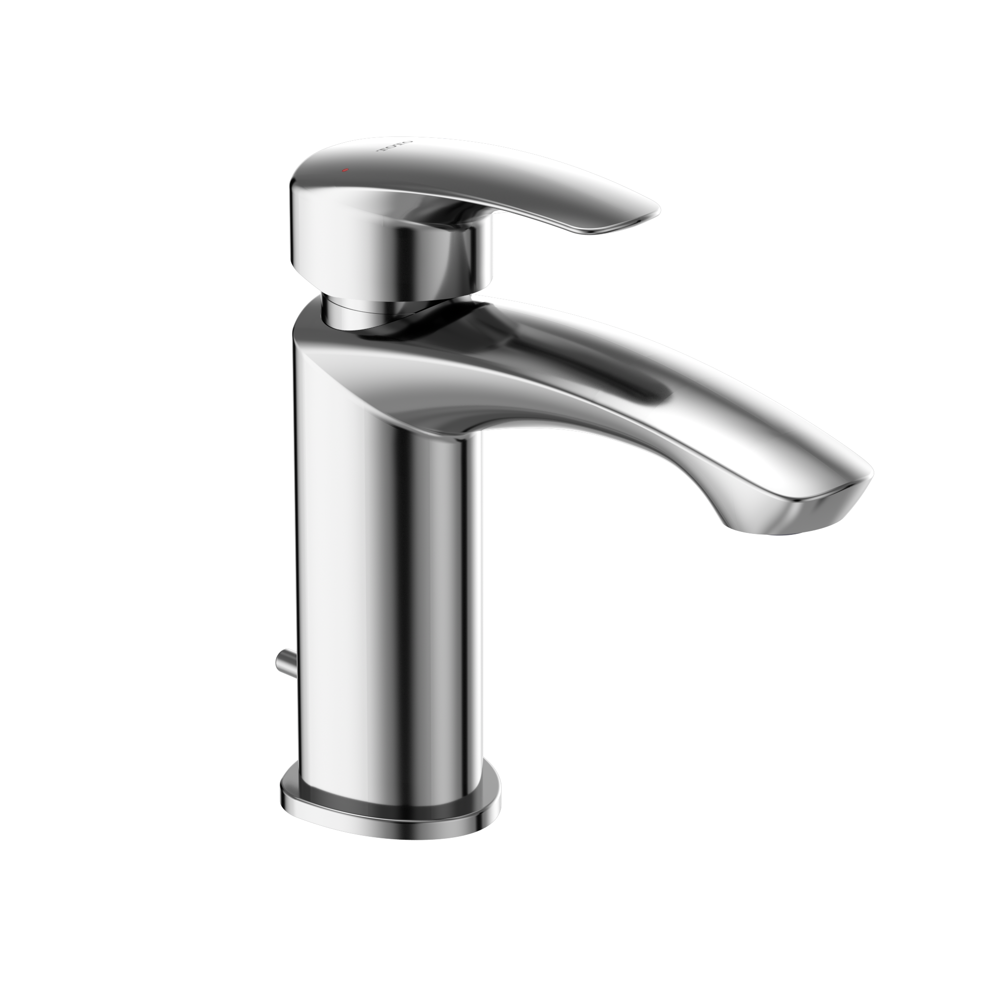 Polished chrome single-handle bathroom sink faucet with curved spout and lever handle.