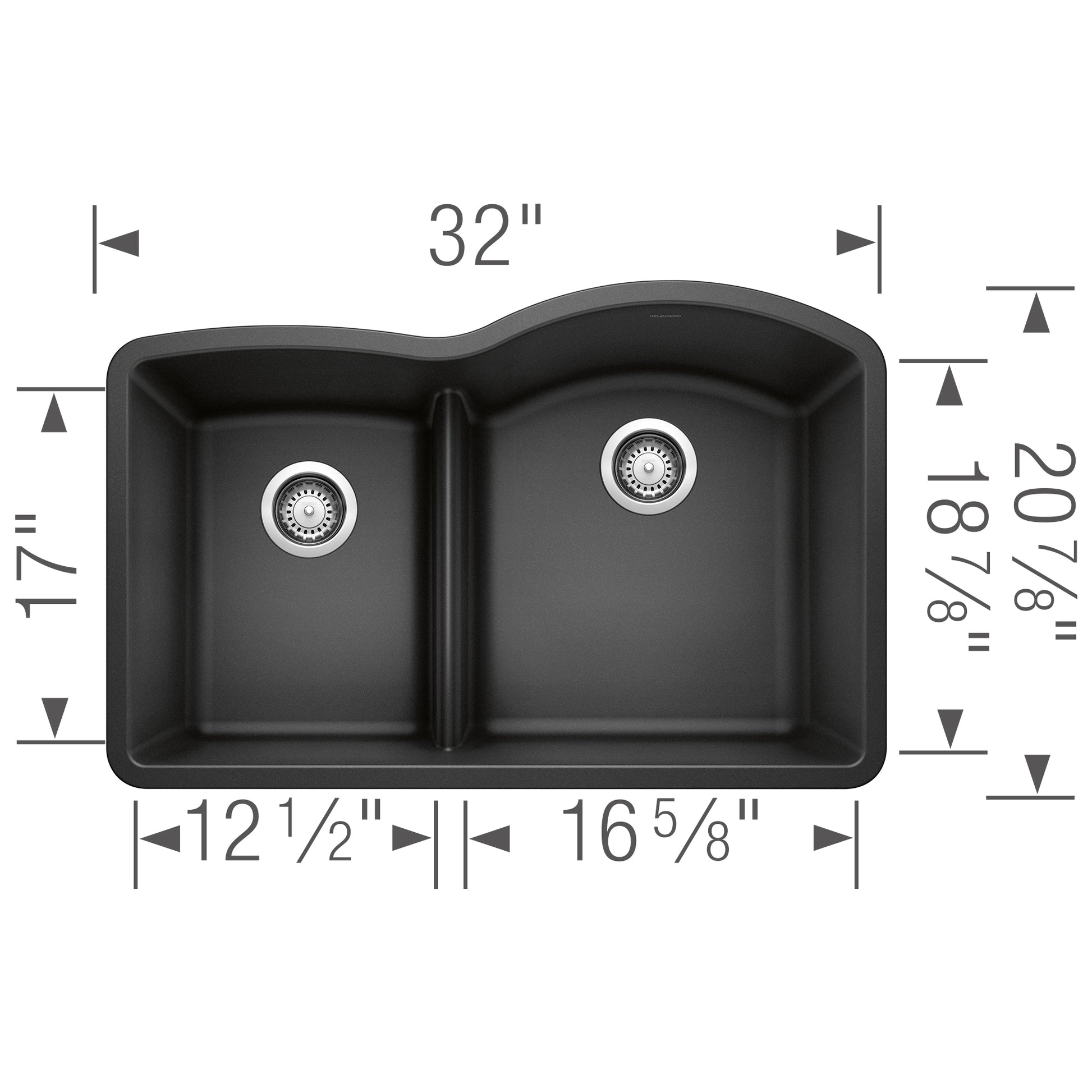 Anthracite undermount kitchen sink with two bowls, low divide, and stainless steel drains, 32" wide.