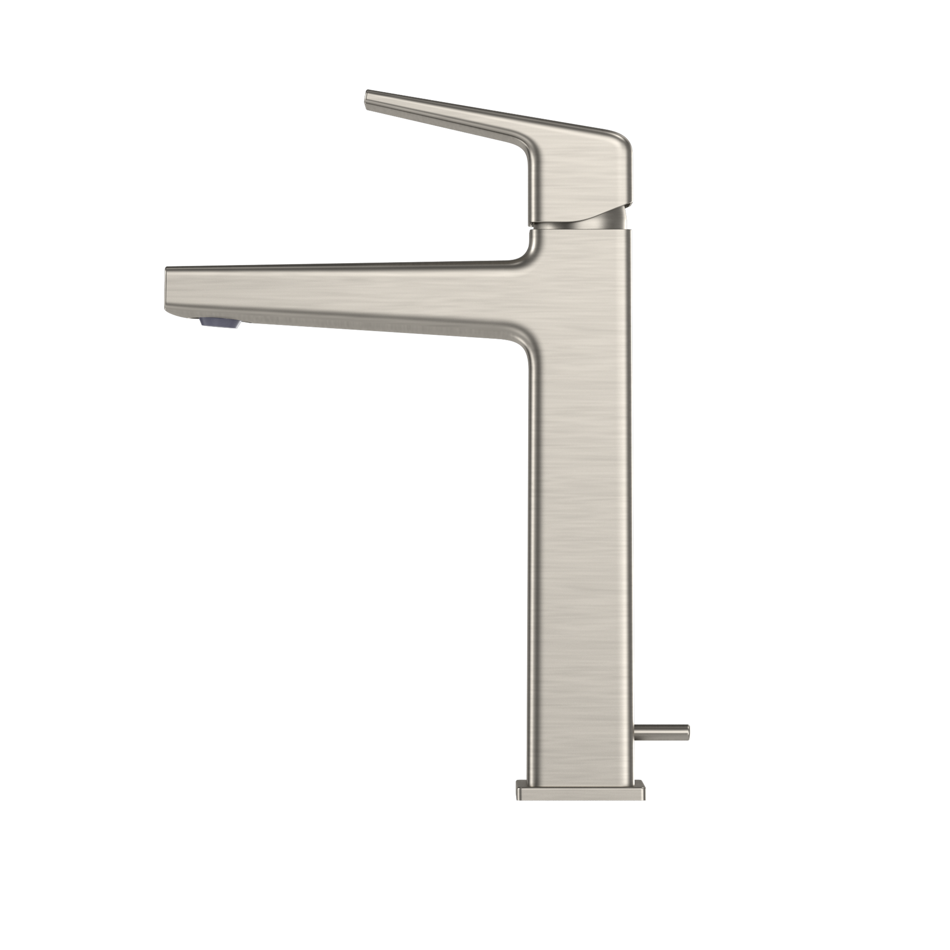 Brushed nickel single-handle bathroom sink faucet with tall curved spout and angular lever handle.