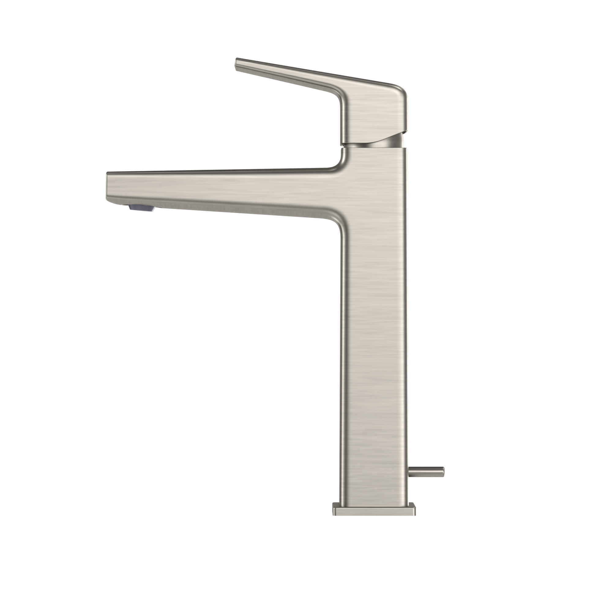 Brushed nickel single-handle bathroom sink faucet with tall curved spout and angular lever handle.