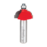 Red classical cove router bit with silver metal shank and bearing collar on white background.