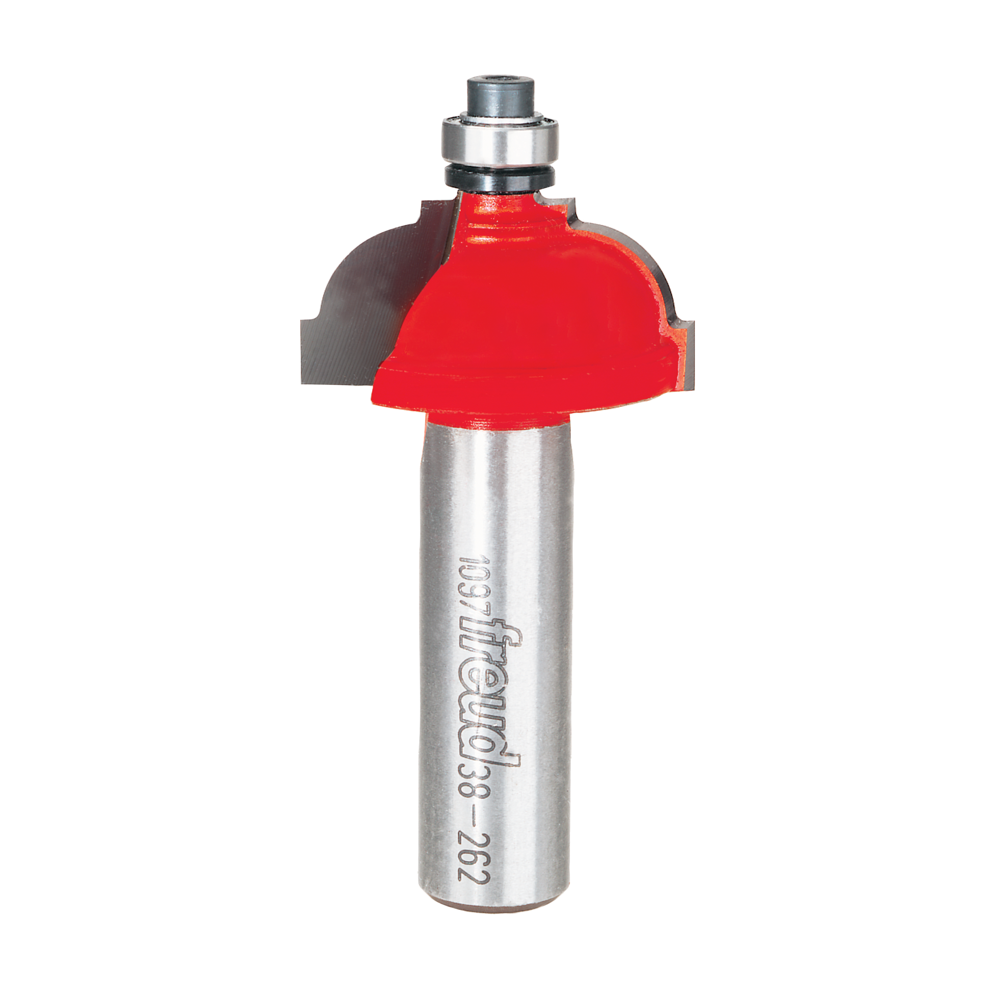 Red classical cove router bit with silver metal shank and bearing collar on white background.