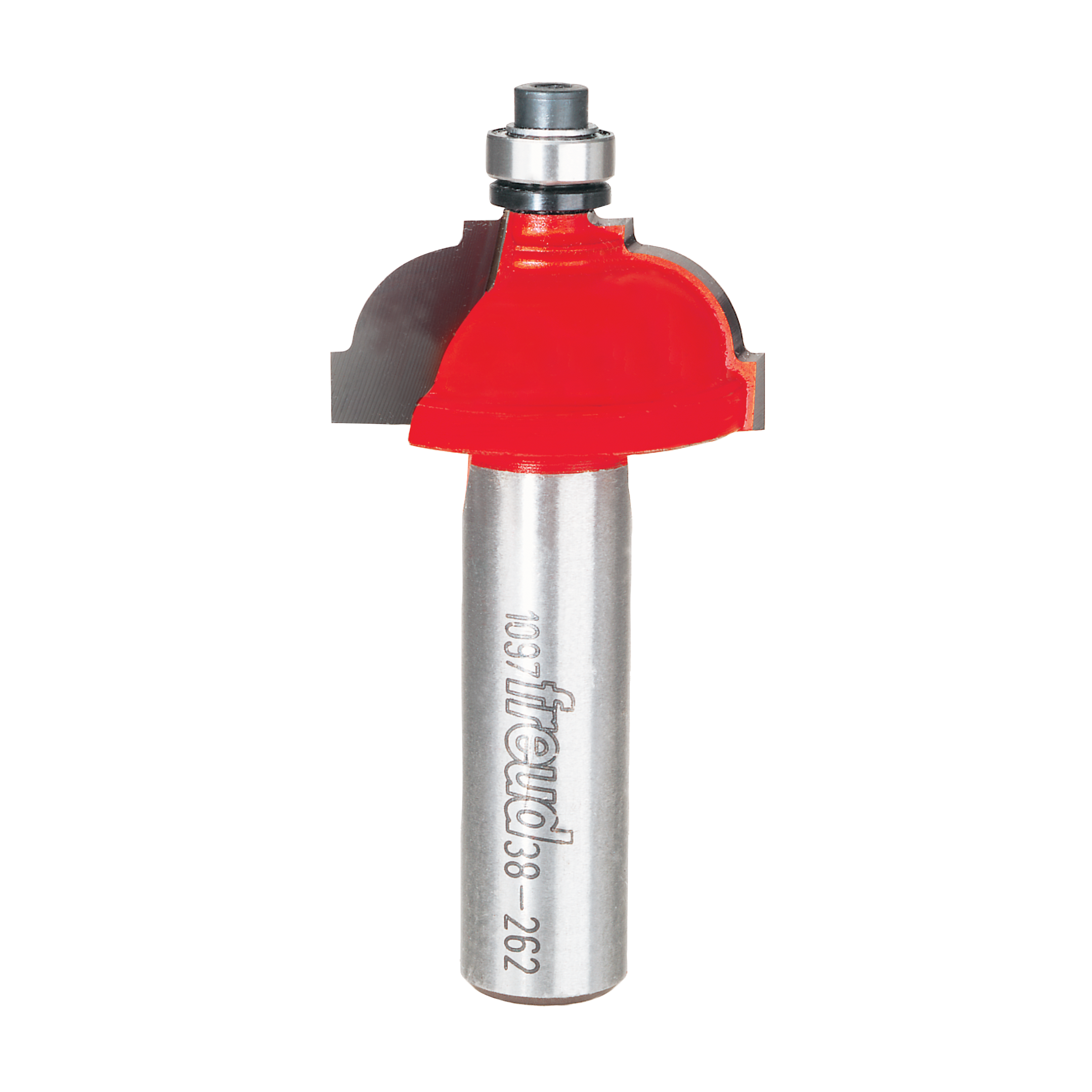 Red classical cove router bit with silver metal shank and bearing collar on white background.