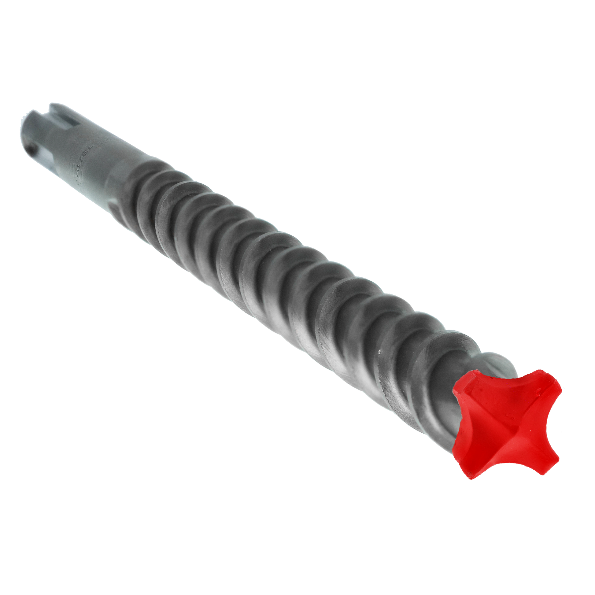 Long hammer drill bit with gray ribbed shaft and red 4-cutter carbide head for concrete and rebar drilling.