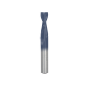3/8" up spiral bit with blue flute coating and silver shank for woodworking applications.