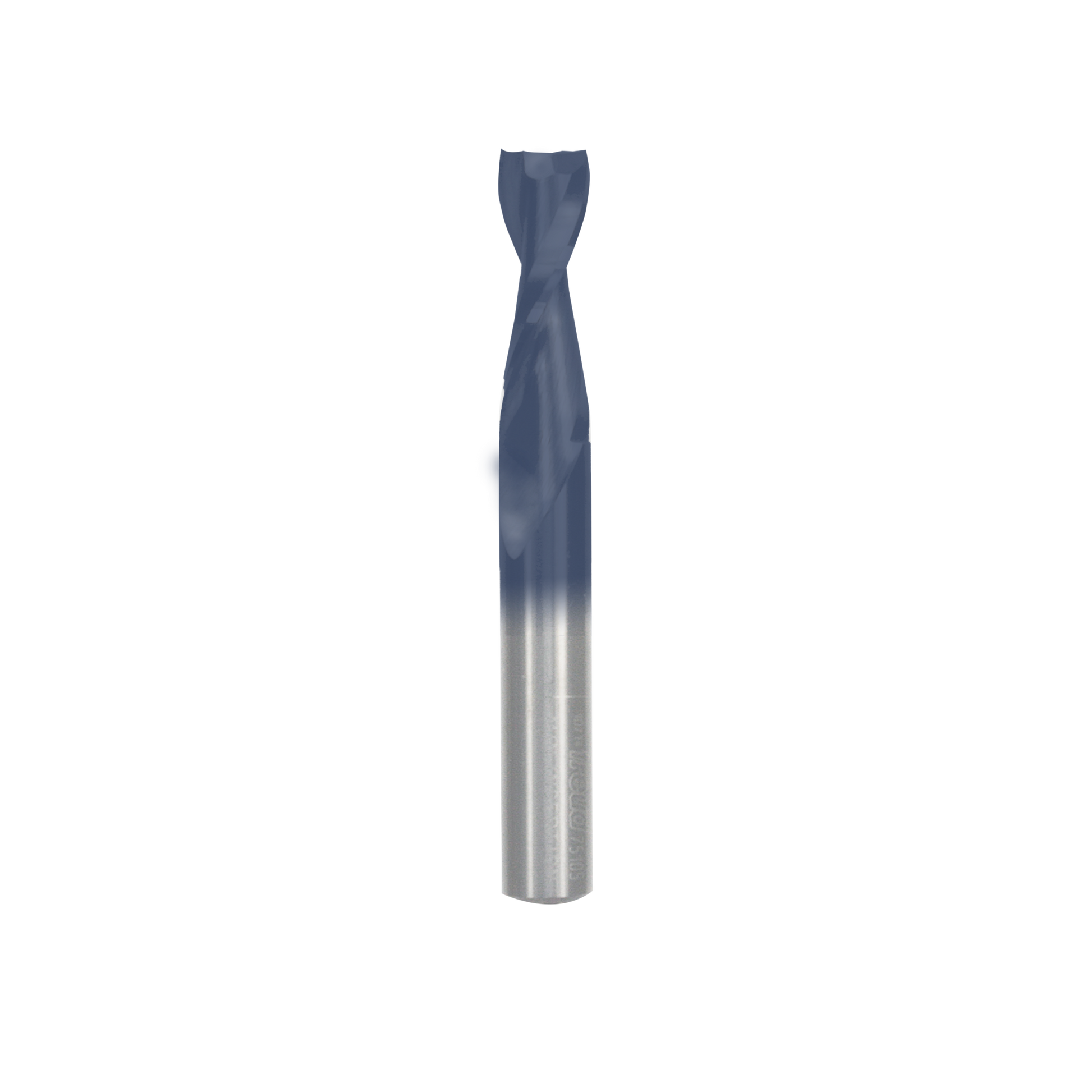 3/8" up spiral bit with blue flute coating and silver shank for woodworking applications.