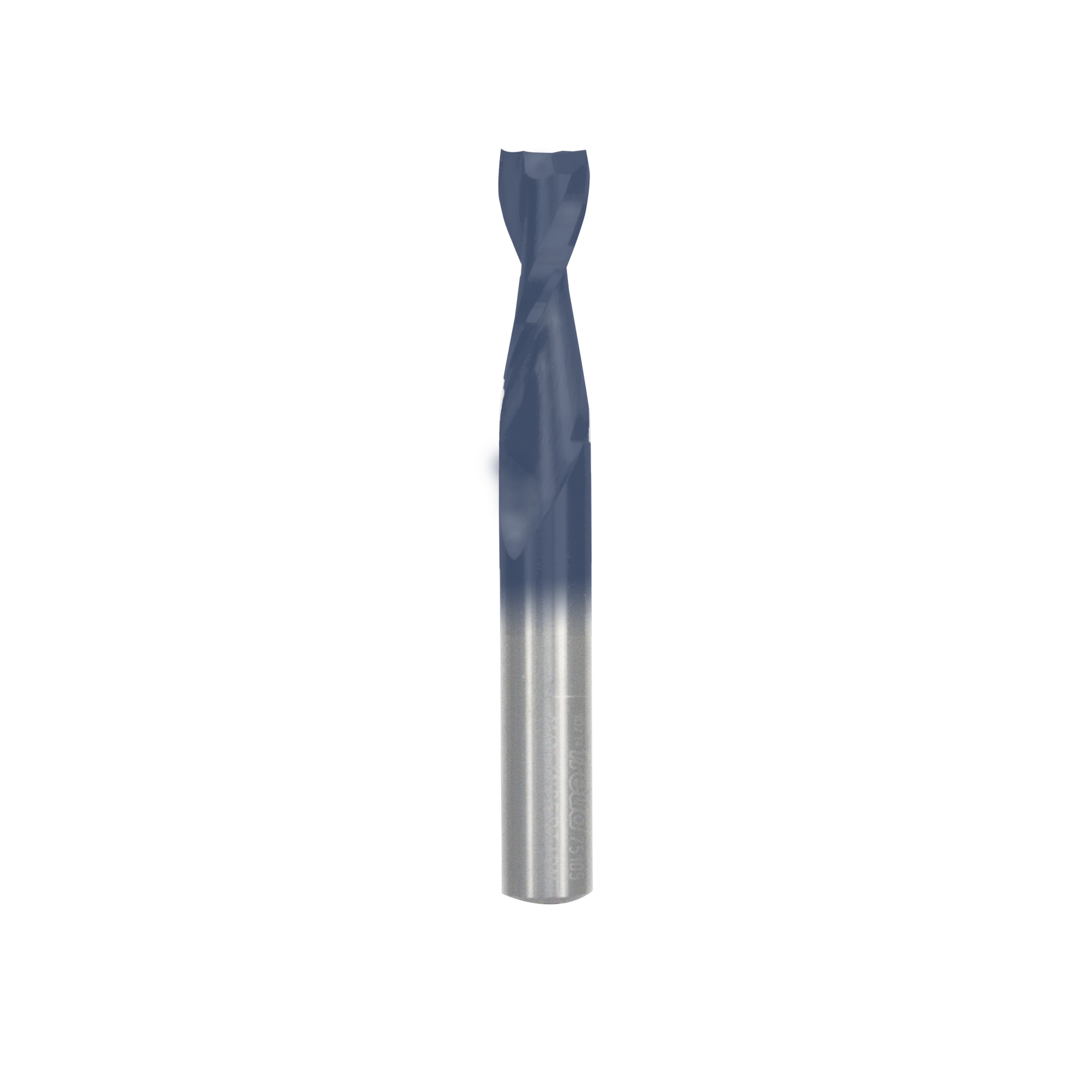 3/8" up spiral bit with blue flute coating and silver shank for woodworking applications.