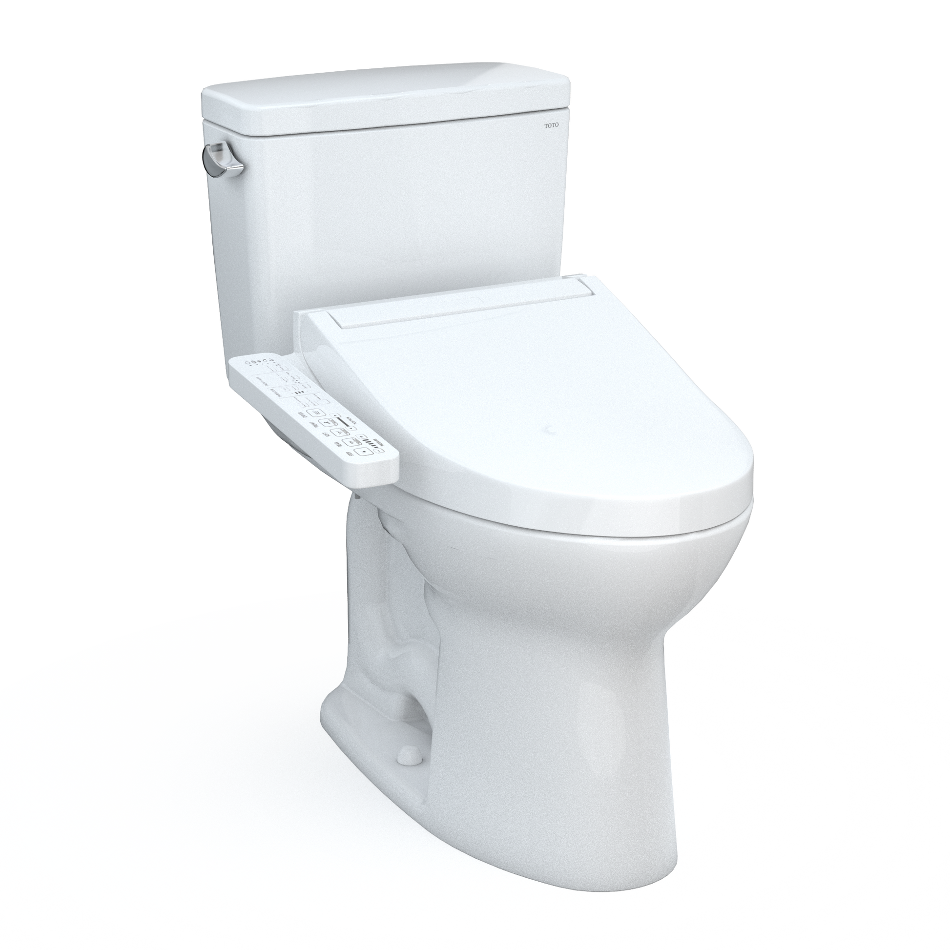 White two-piece elongated toilet with integrated bidet seat and control panel on the side.