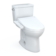 White two-piece elongated toilet with attached bidet seat and control panel on the side.
