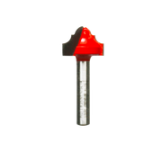 Red and black cove and bead groove router bit with metal shaft.