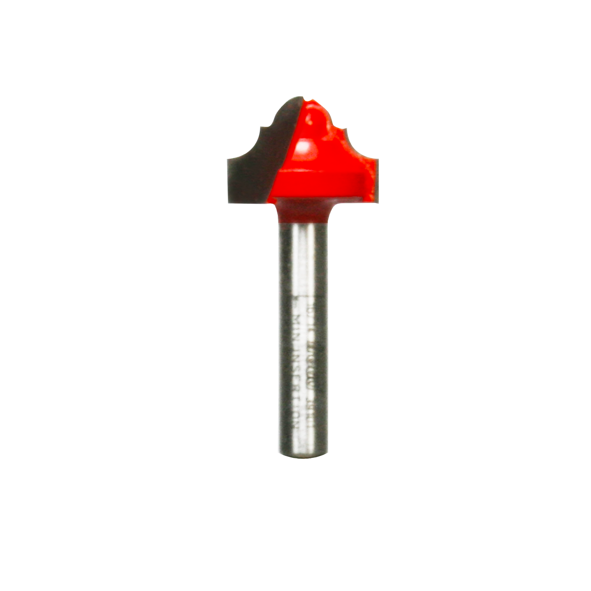 Red and black cove and bead groove router bit with metal shaft.