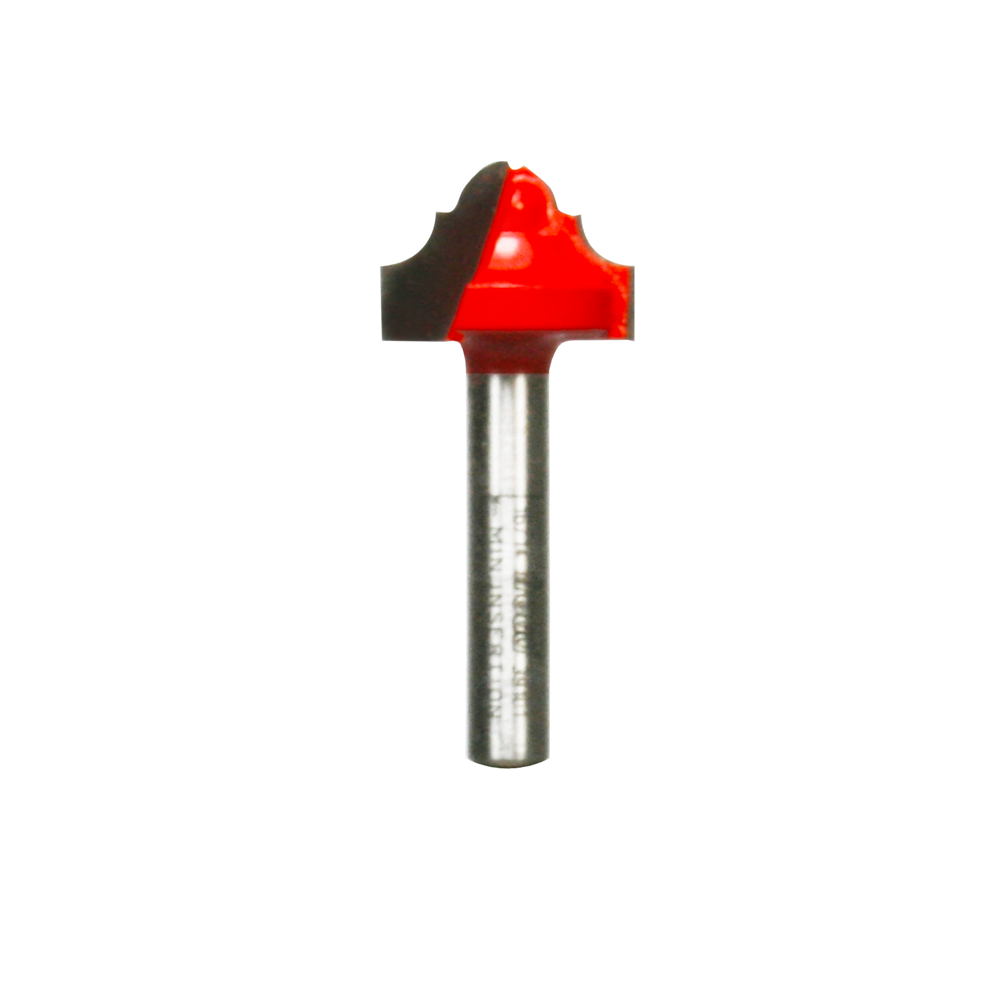 Red and black cove and bead groove router bit with metal shaft.