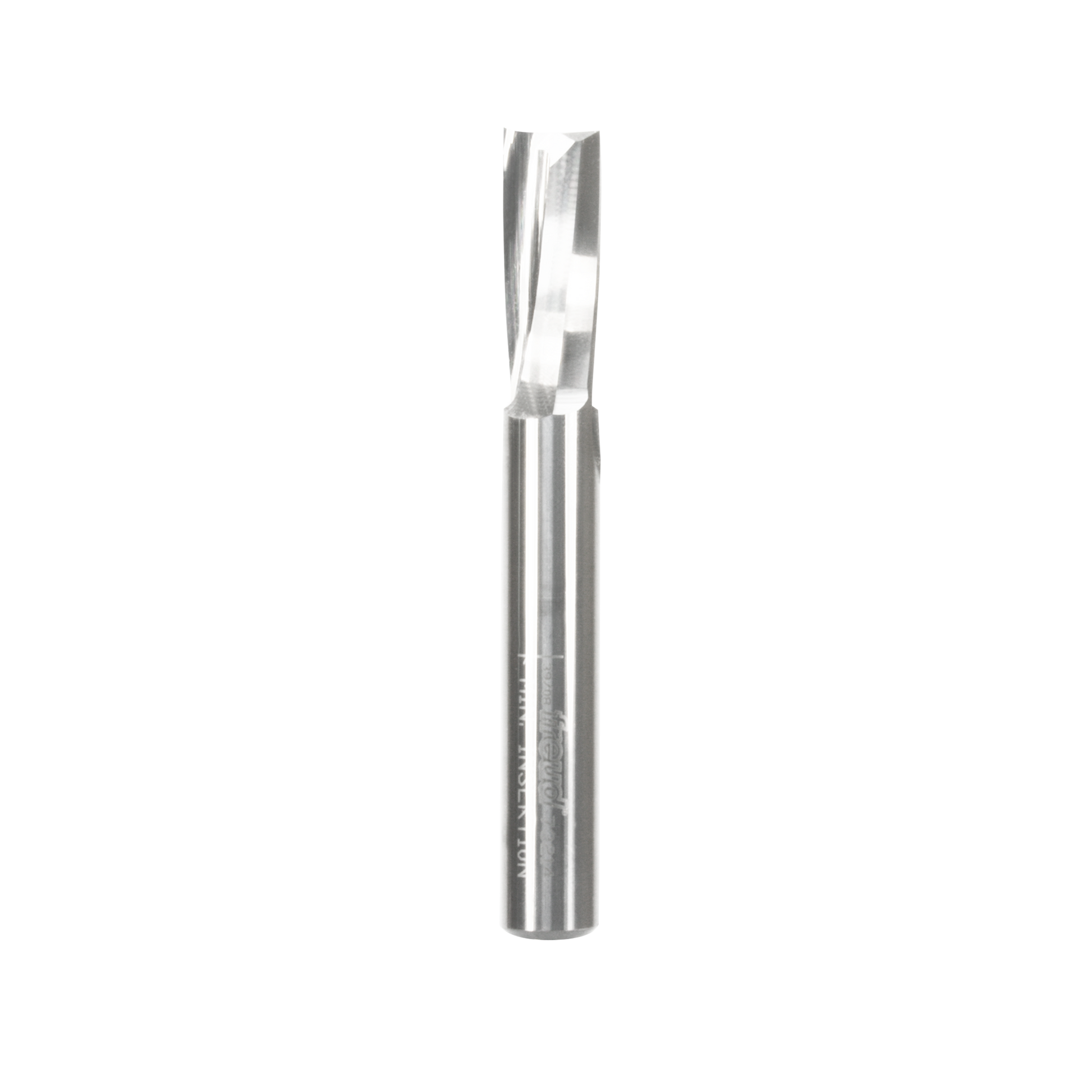 Freud 73-214 1/2" diameter O-flute upspiral router bit with metal shank and cutting head.