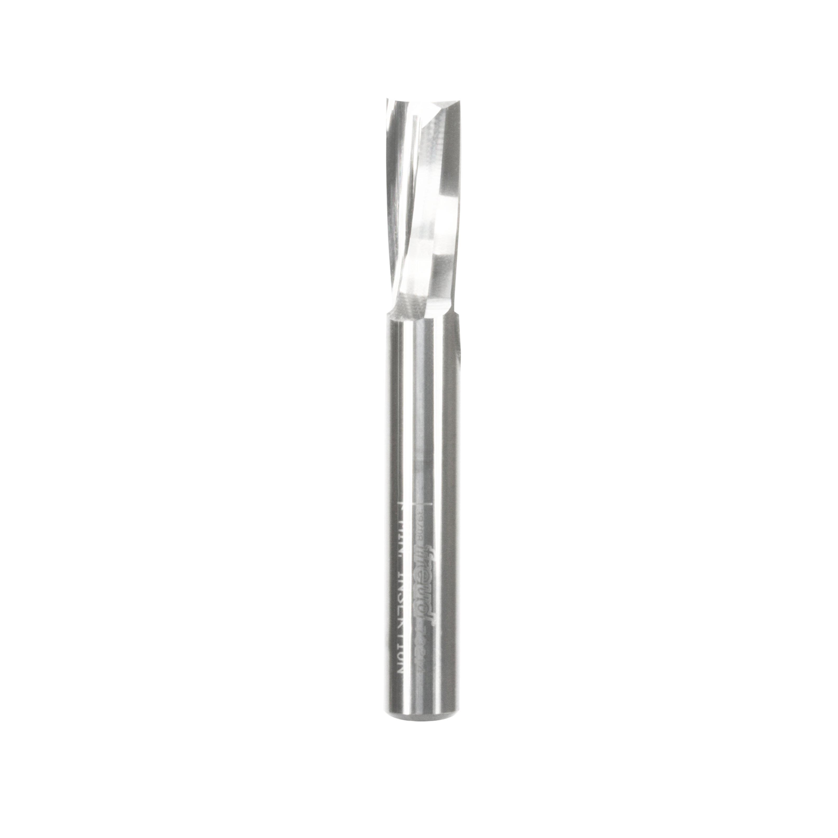 Freud 73-214 1/2" diameter O-flute upspiral router bit with metal shank and cutting head.