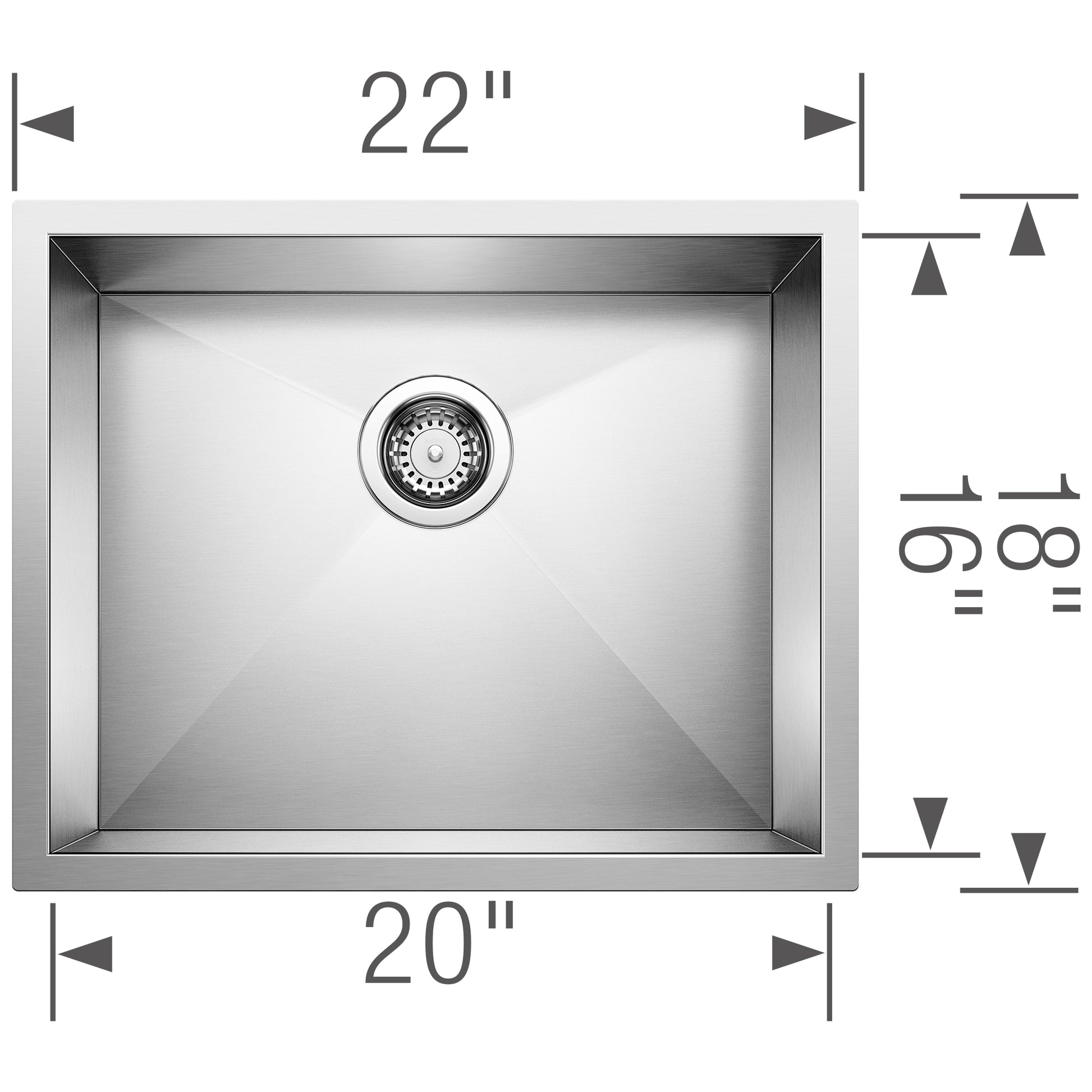 Rectangular stainless steel sink bowl with single drain hole, 22" width x 20" depth, viewed from above.