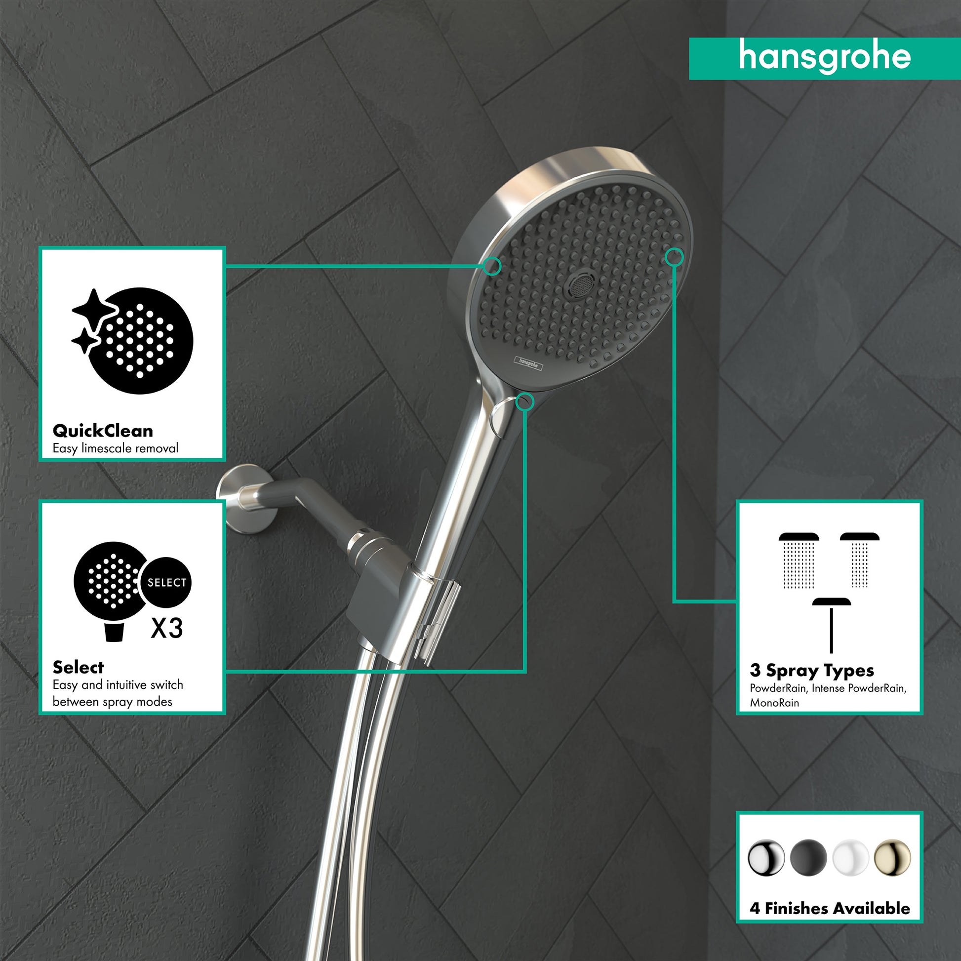 Chrome handheld showerhead with circular perforated face and adjustable spray modes, mounted on wall tile background.