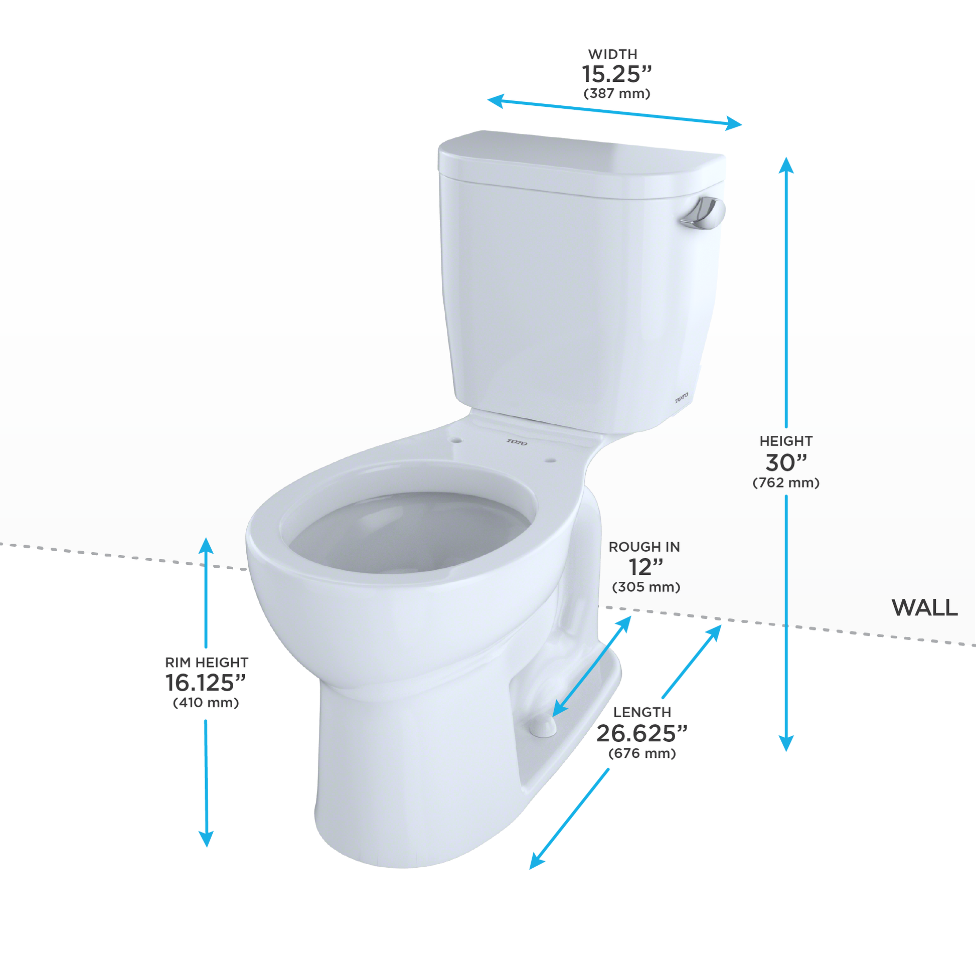 White two-piece round toilet with tank, right-hand lever, and dimension measurements displayed.