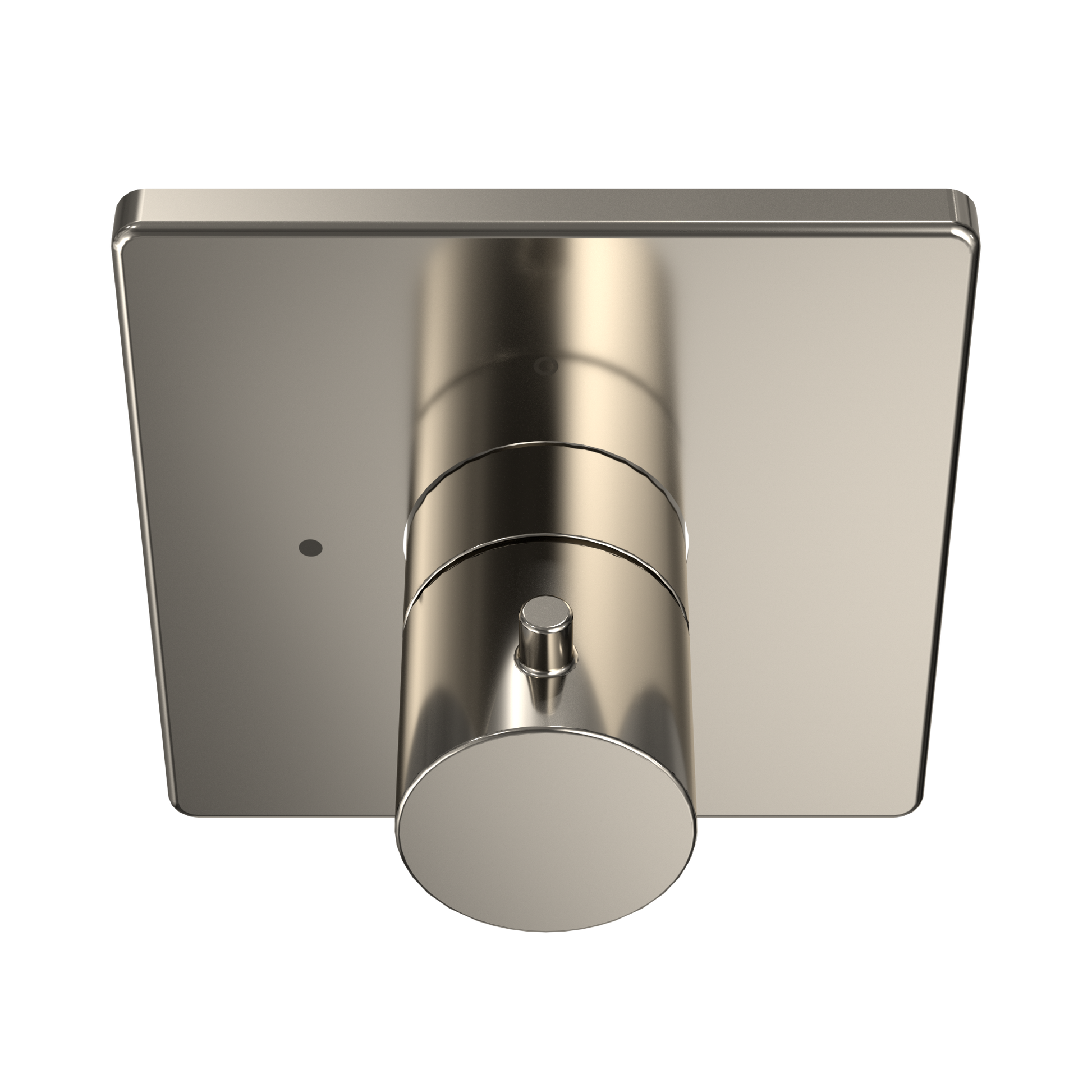 Polished nickel square shower valve trim with cylindrical control handle and mounting bracket.