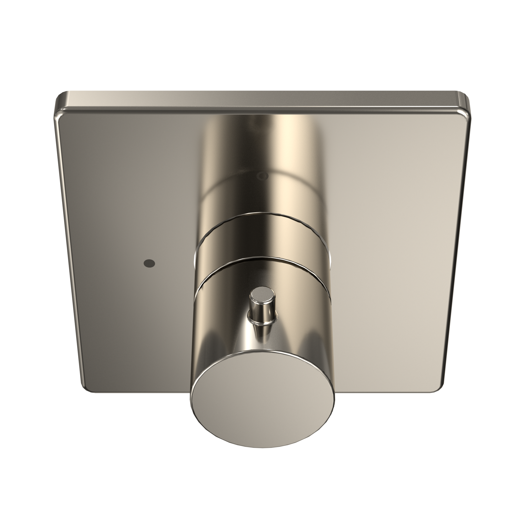 Polished nickel square shower valve trim with cylindrical control handle and mounting bracket.