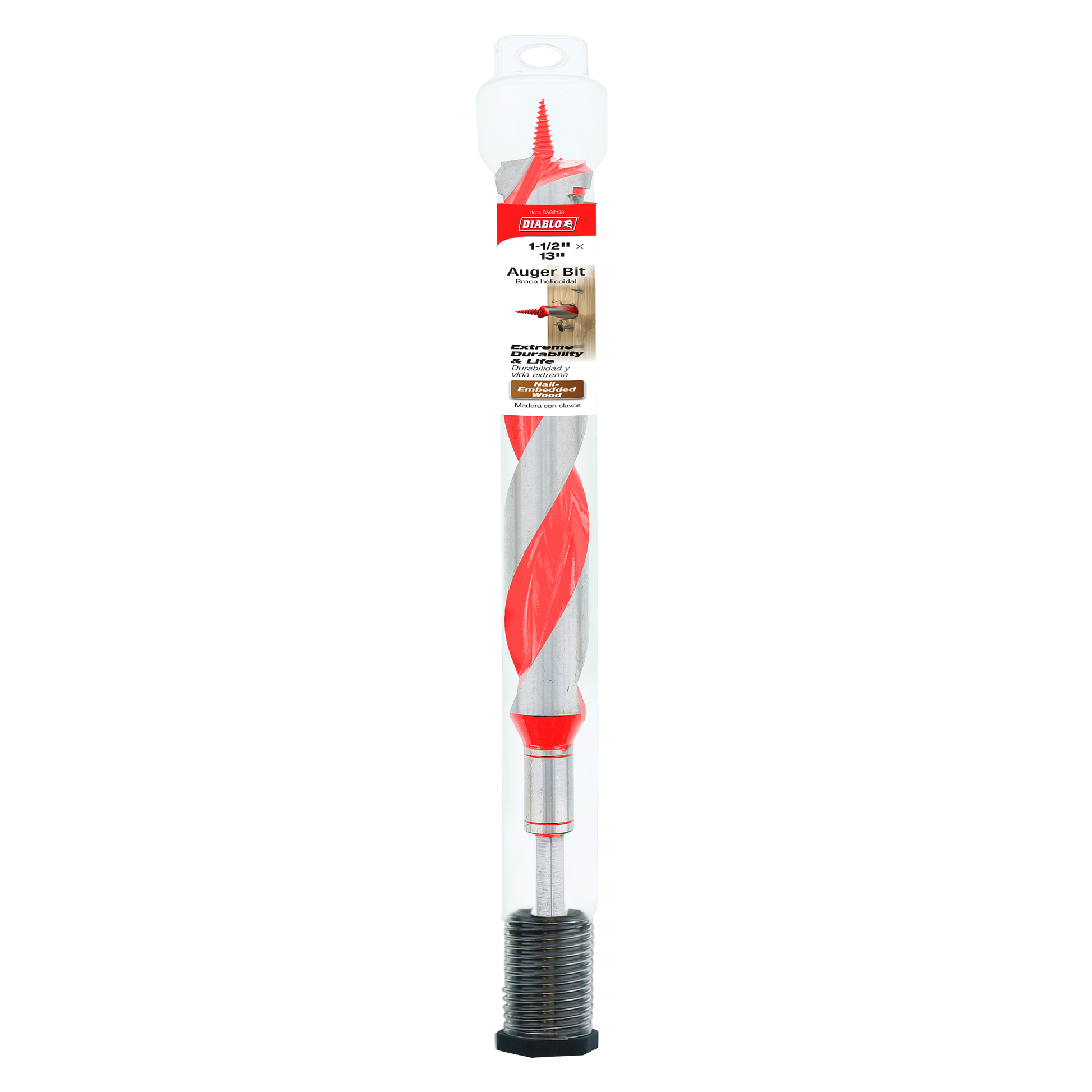 Red and gray Diablo auger bit with spiral flutes and threaded base in clear packaging.