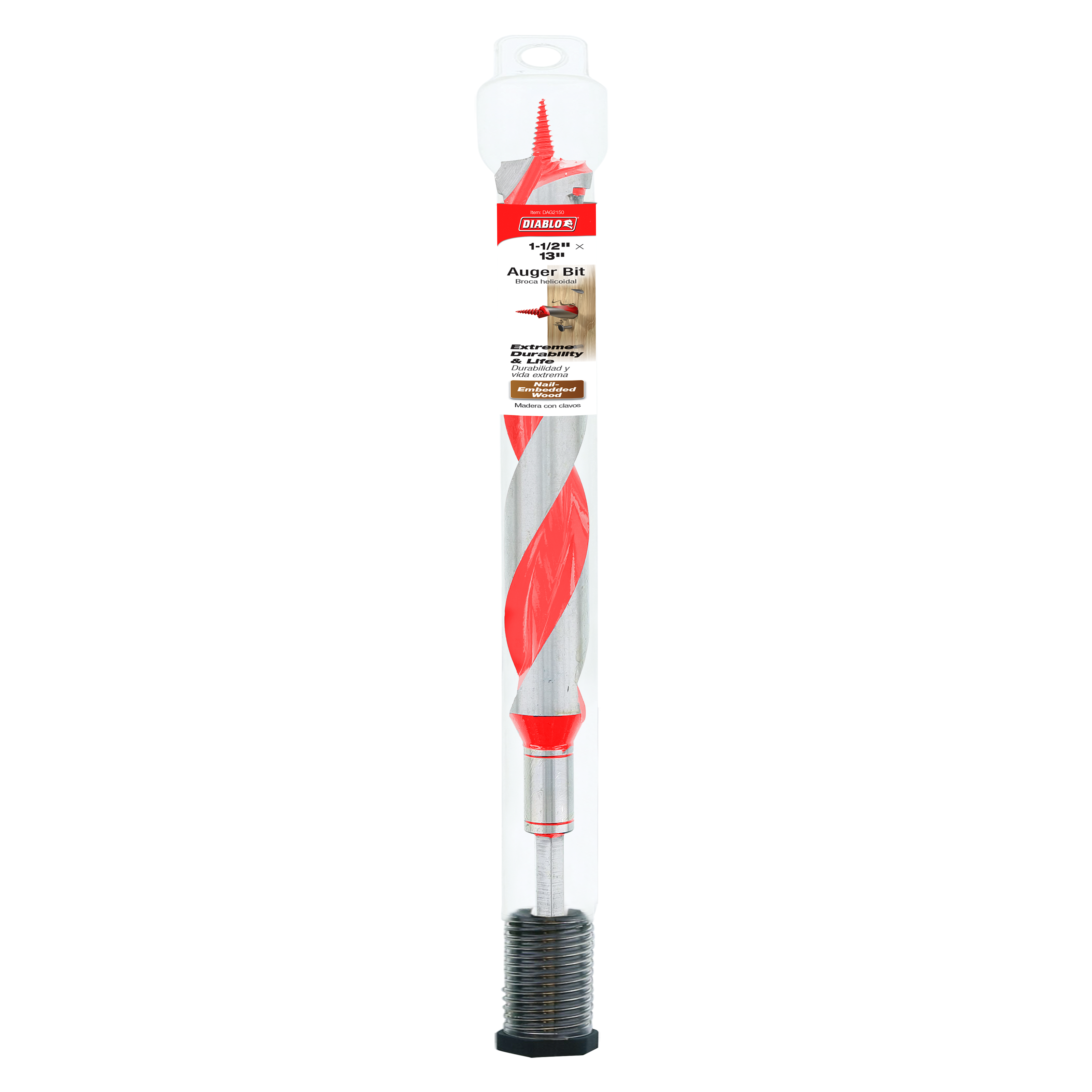 Red and gray Diablo auger bit with spiral flutes and threaded base in clear packaging.