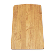 Rectangular wood cutting board with light grain pattern and rounded corners.
