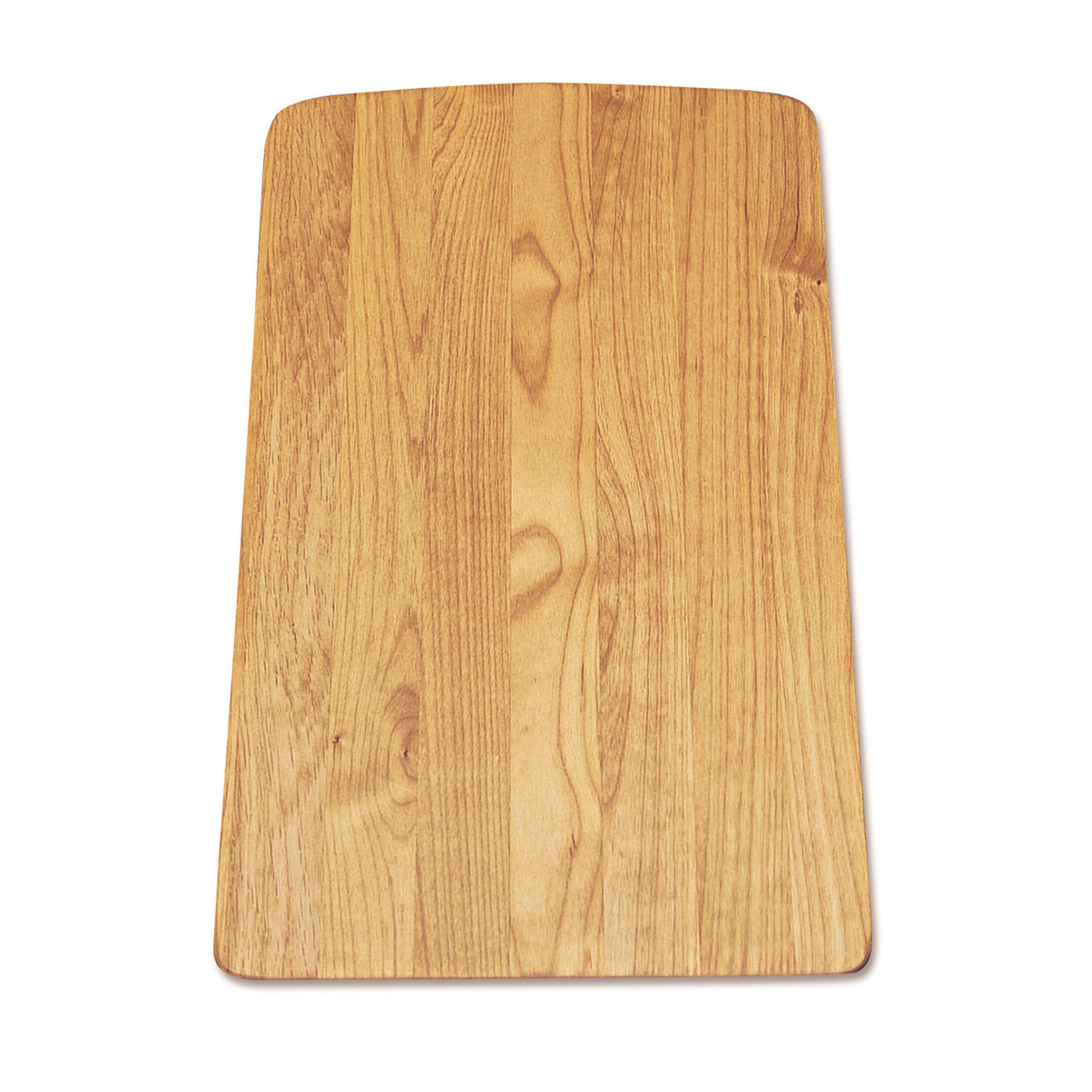Rectangular wood cutting board with light grain pattern and rounded corners.