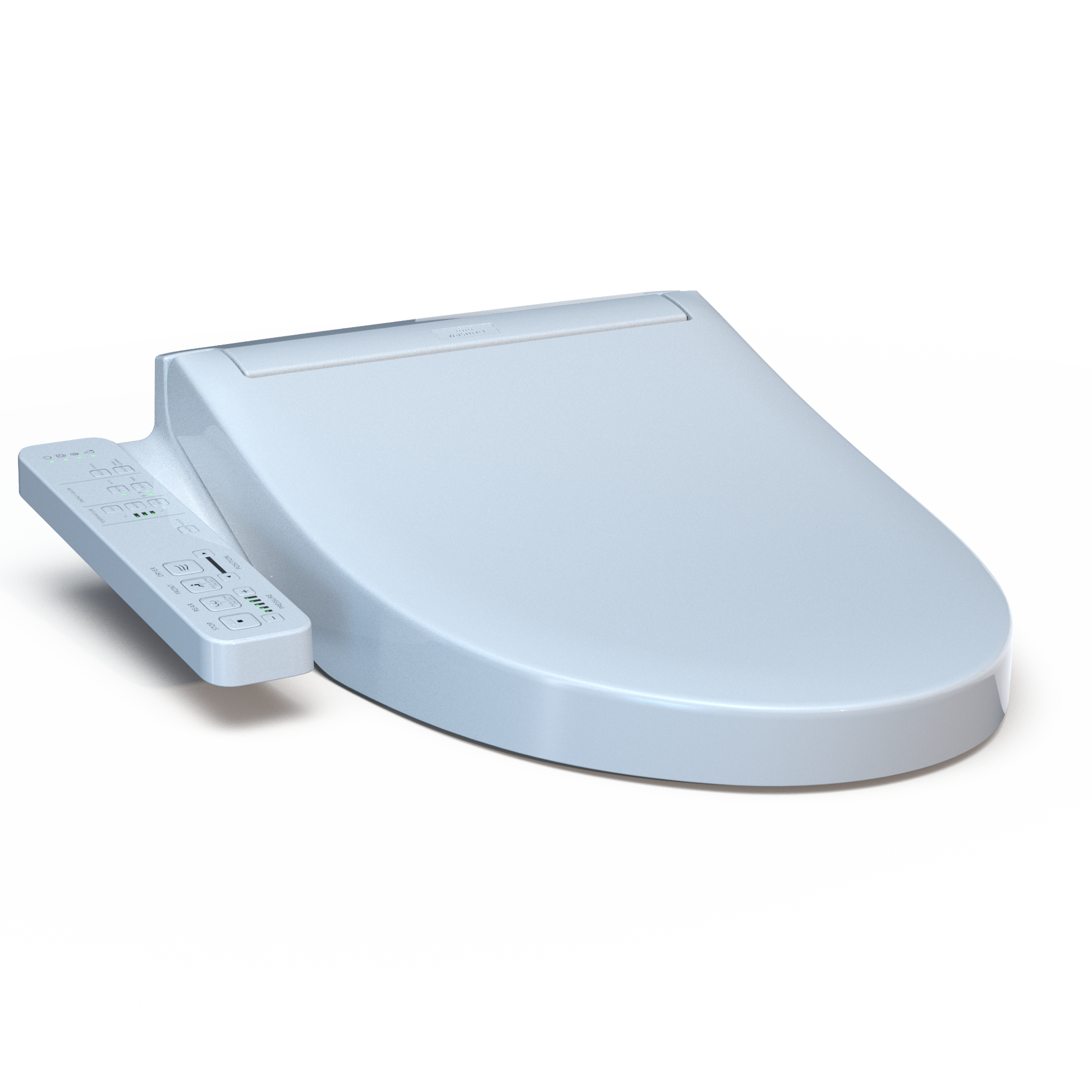 White elongated bidet seat with attached remote control on left side.