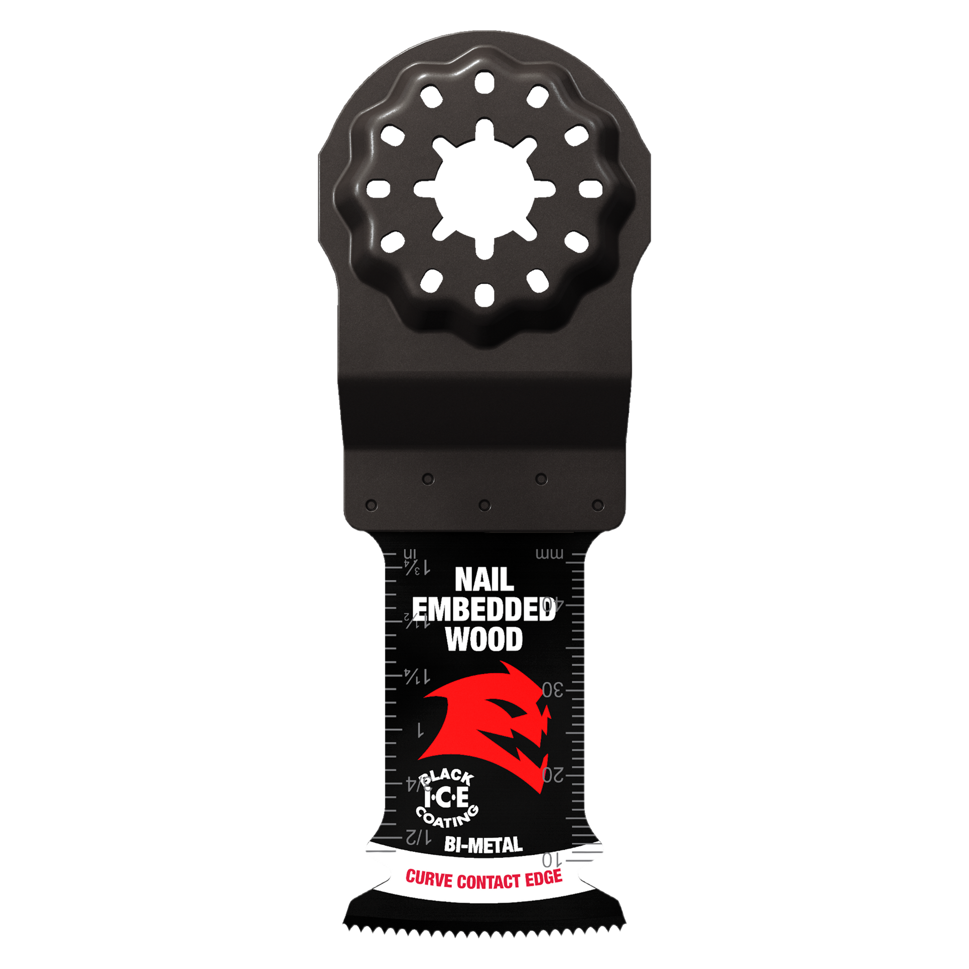 Black Diablo oscillating blade with Starlock interface, serrated cutting edge, and bi-metal construction for nail-embedded wo