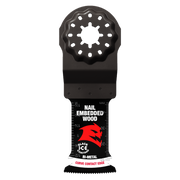 Black bi-metal oscillating saw blade with Starlock mount, serrated cutting edge, and curved contact design for wood cutting.