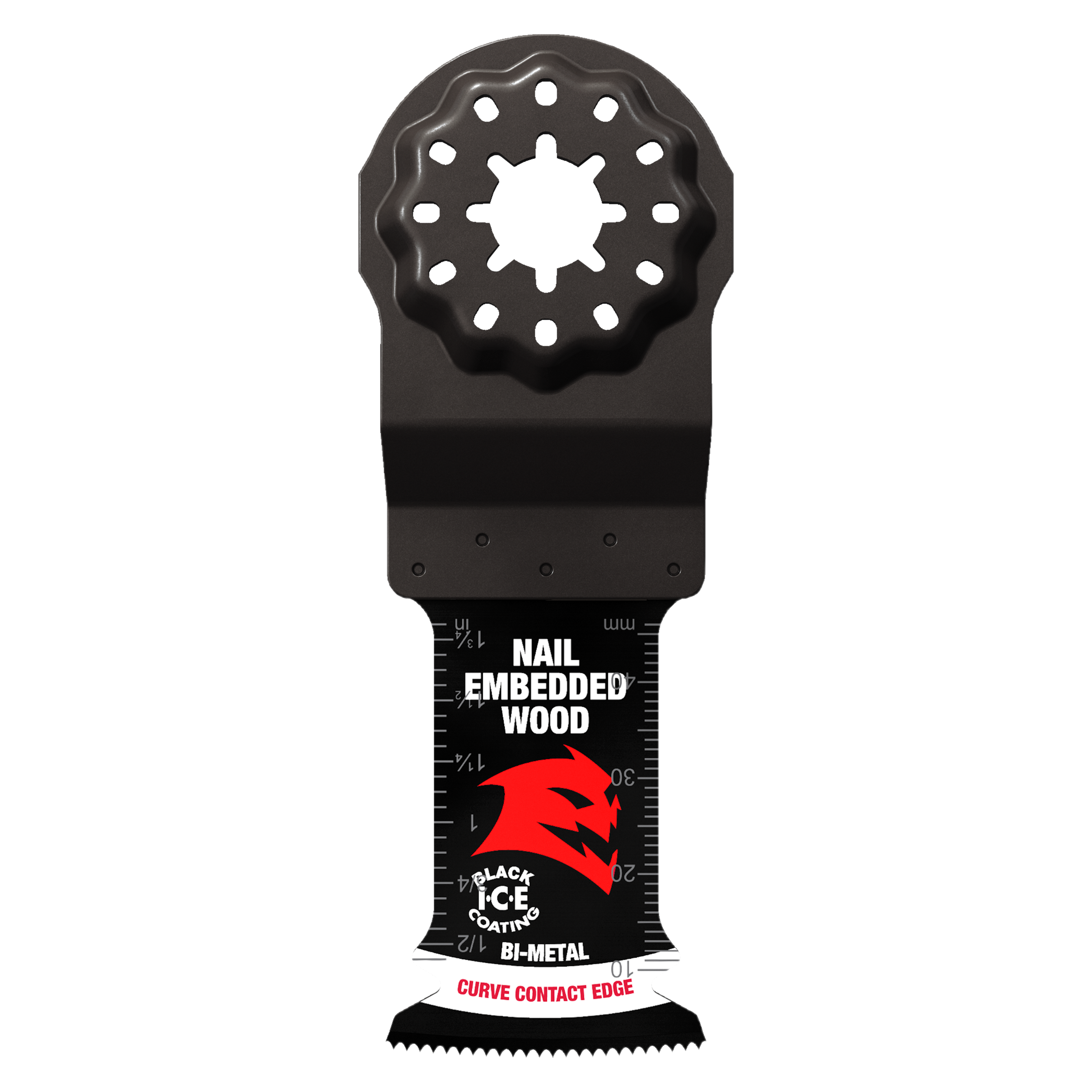Black bi-metal oscillating saw blade with Starlock mount, serrated cutting edge, and labeled for nail-embedded wood applicati