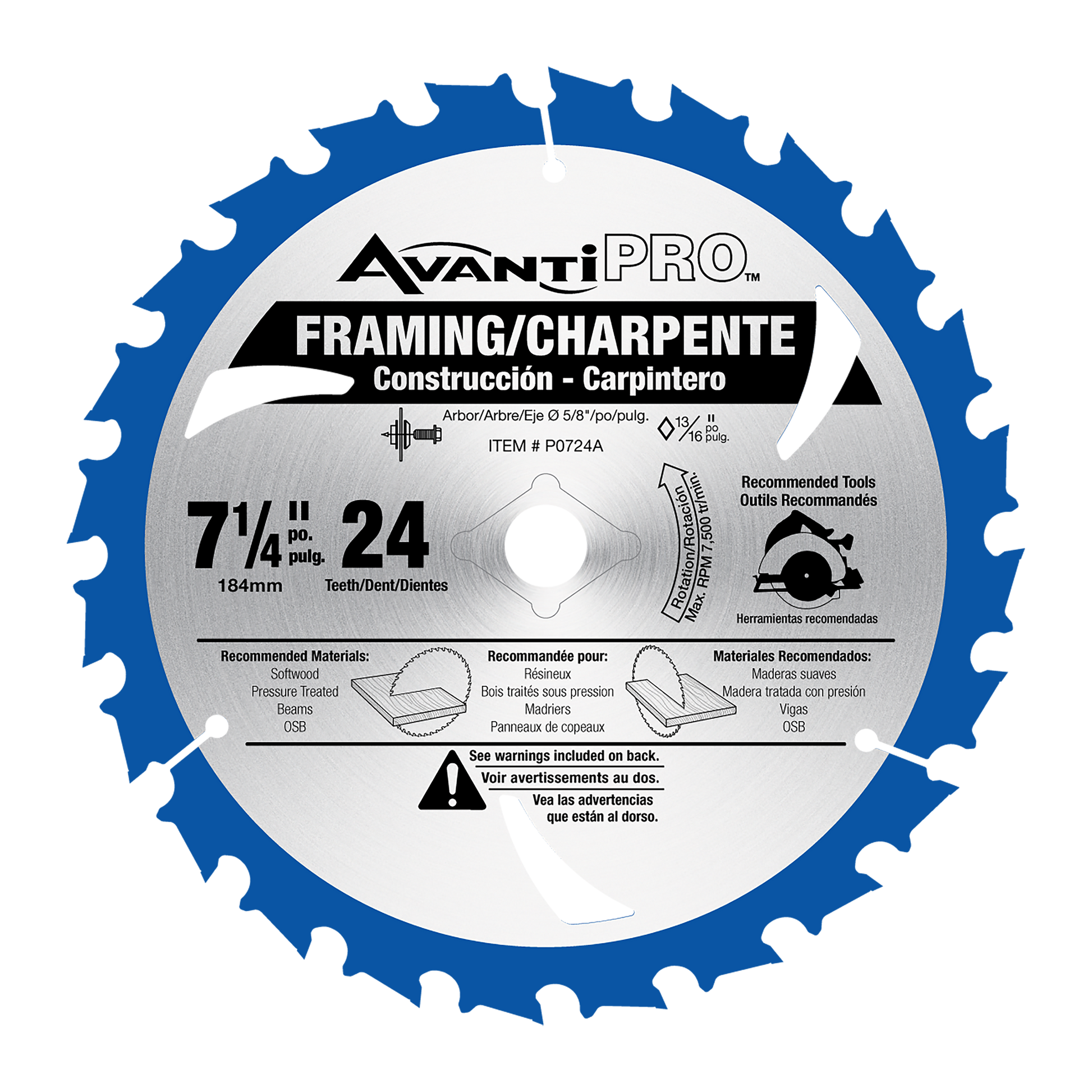 Avanti Pro 7-1/4" circular saw blade with 24 teeth and blue rim for framing and carpentry applications.