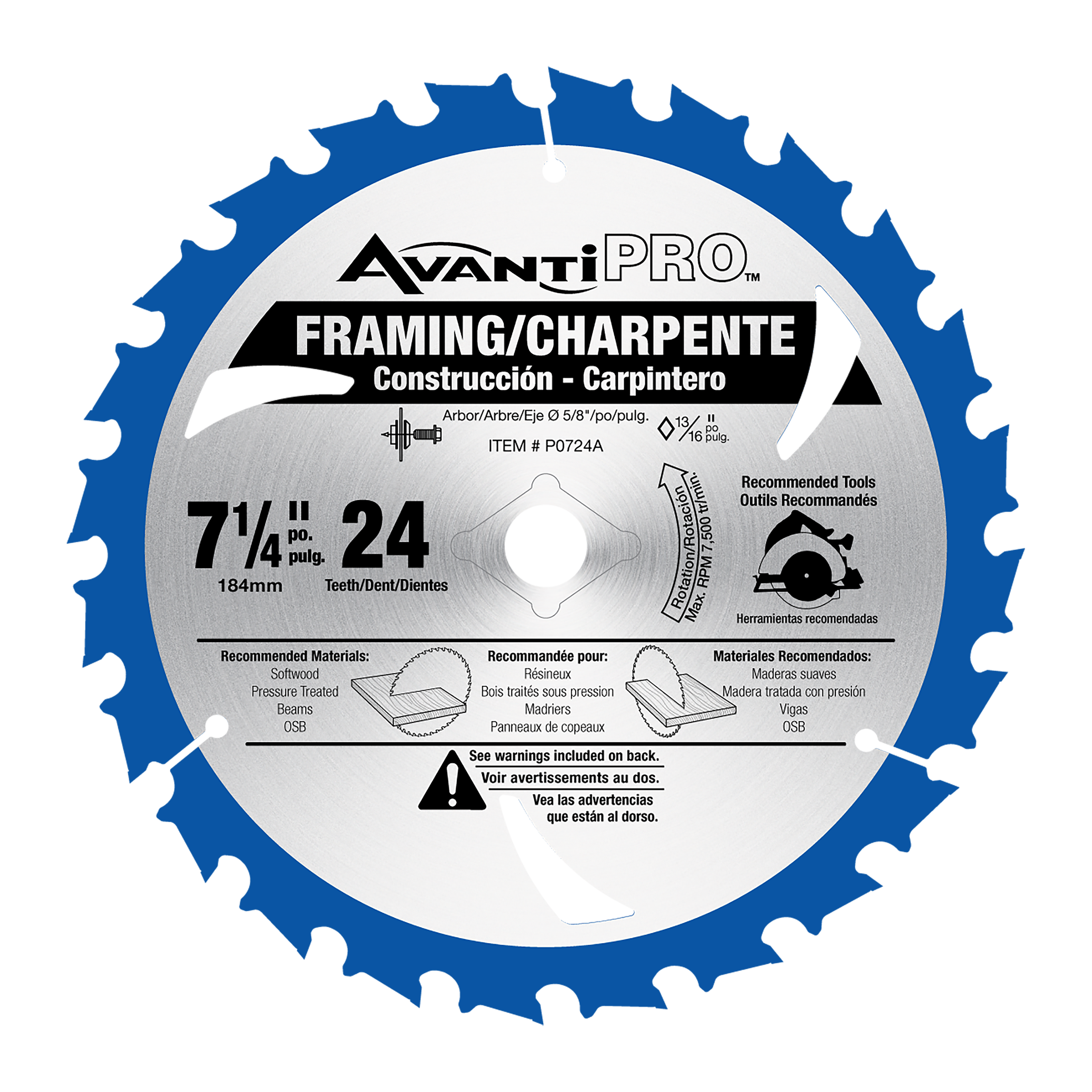 Avanti Pro 7-1/4" circular saw blade with 24 teeth and blue rim for framing and carpentry applications.