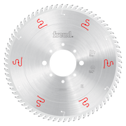 Freud 350mm circular saw blade with serrated teeth, center arbor hole, and red logos on silver steel body.