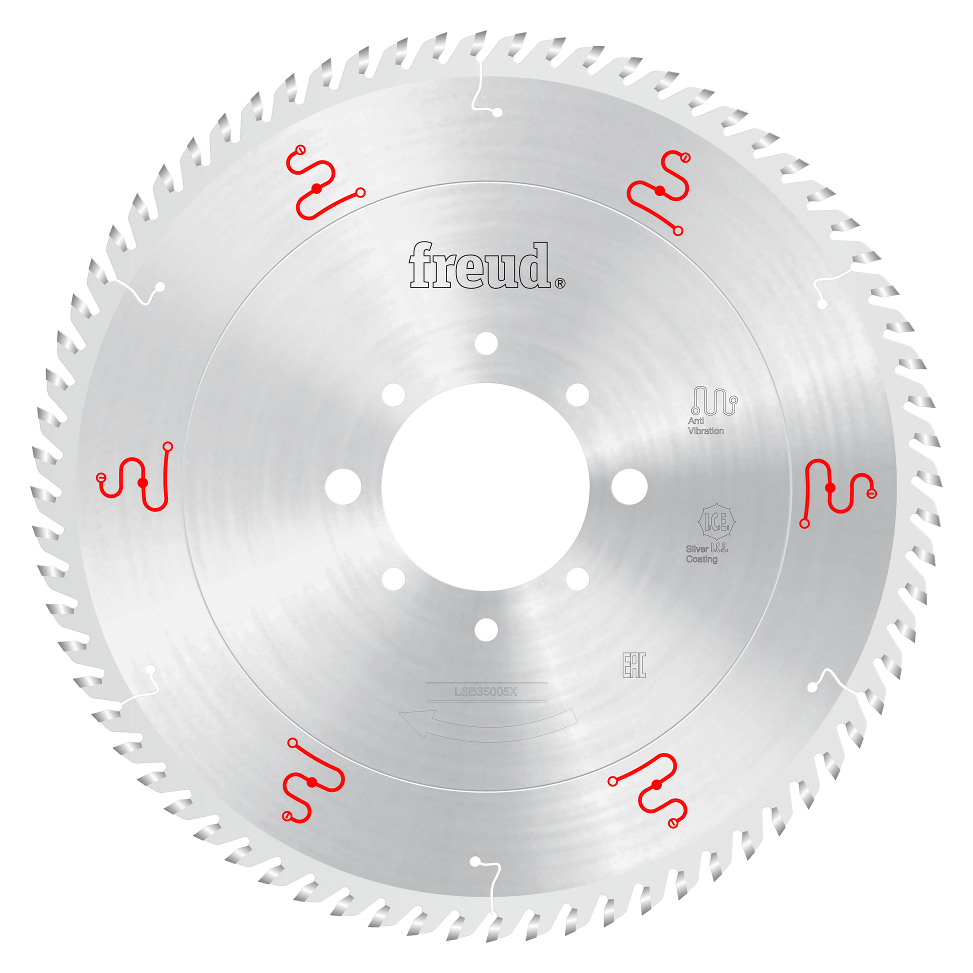Freud 350mm circular saw blade with serrated teeth, center arbor hole, and red logos on silver steel body.