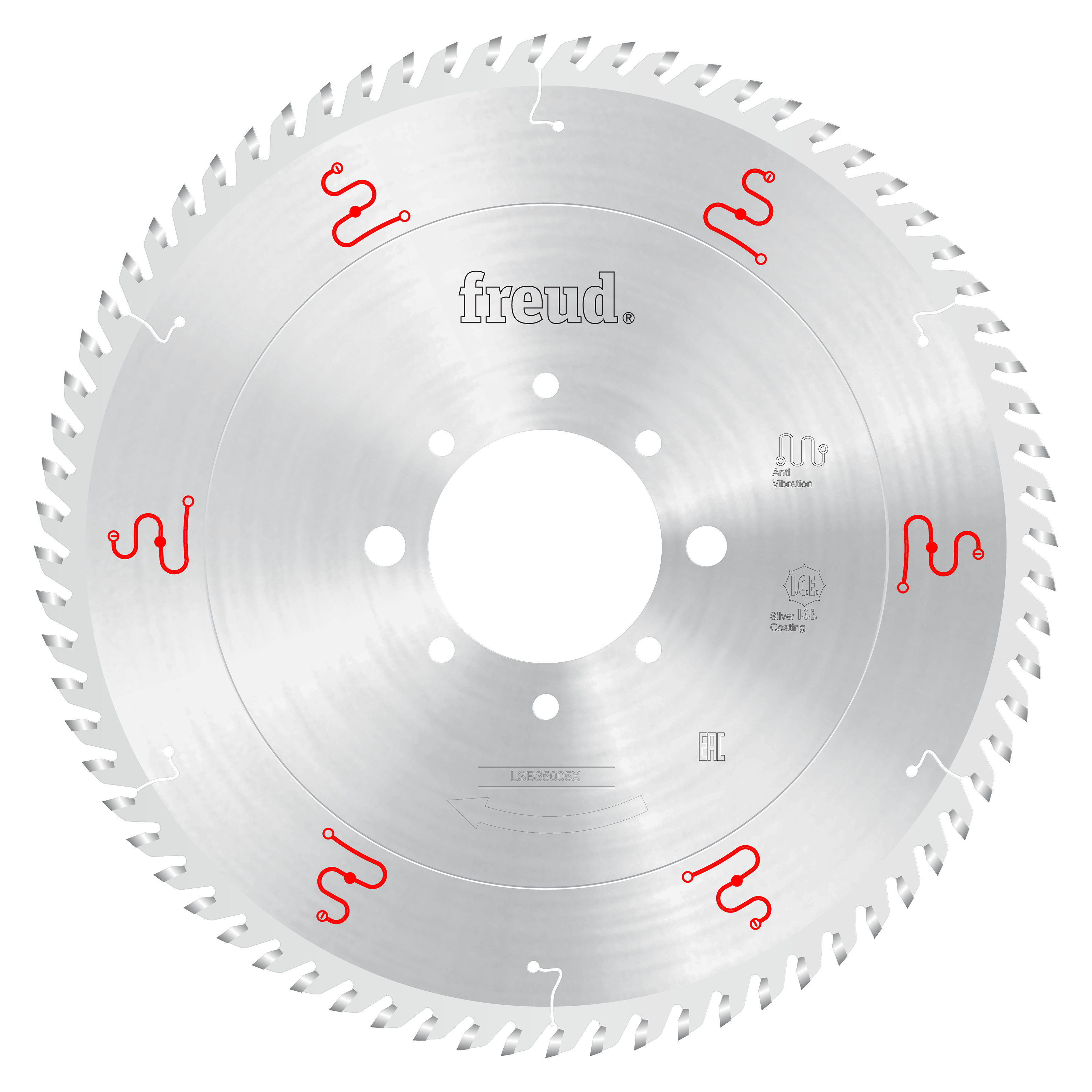 Freud 350mm circular saw blade with serrated teeth, center arbor hole, and red logos on silver steel body.